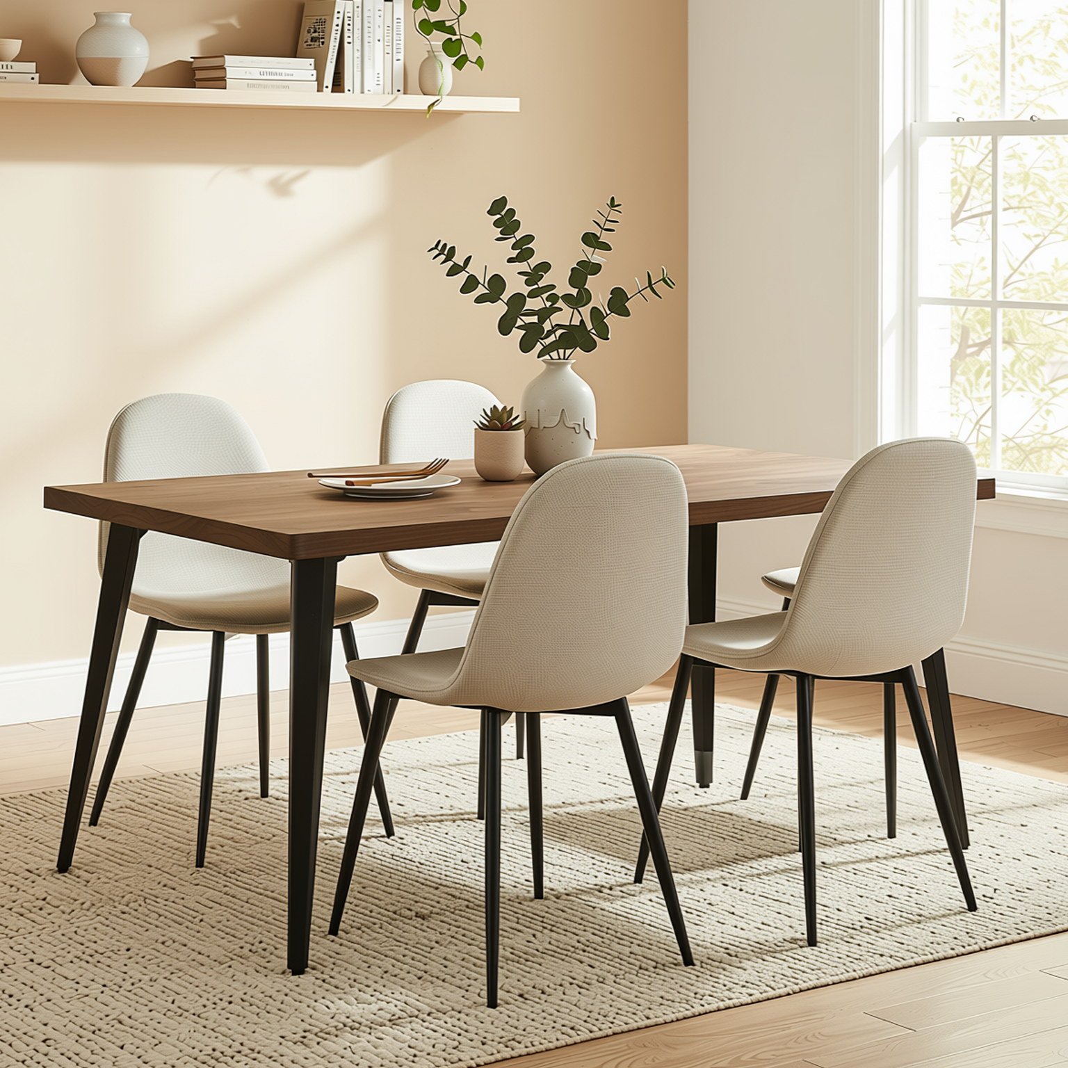 Homy Casa STAN+CHARLTON 5PC Dining Set 63” Dark Walnut Table with 4 Charlton Barrel Beige Fabric Chairs