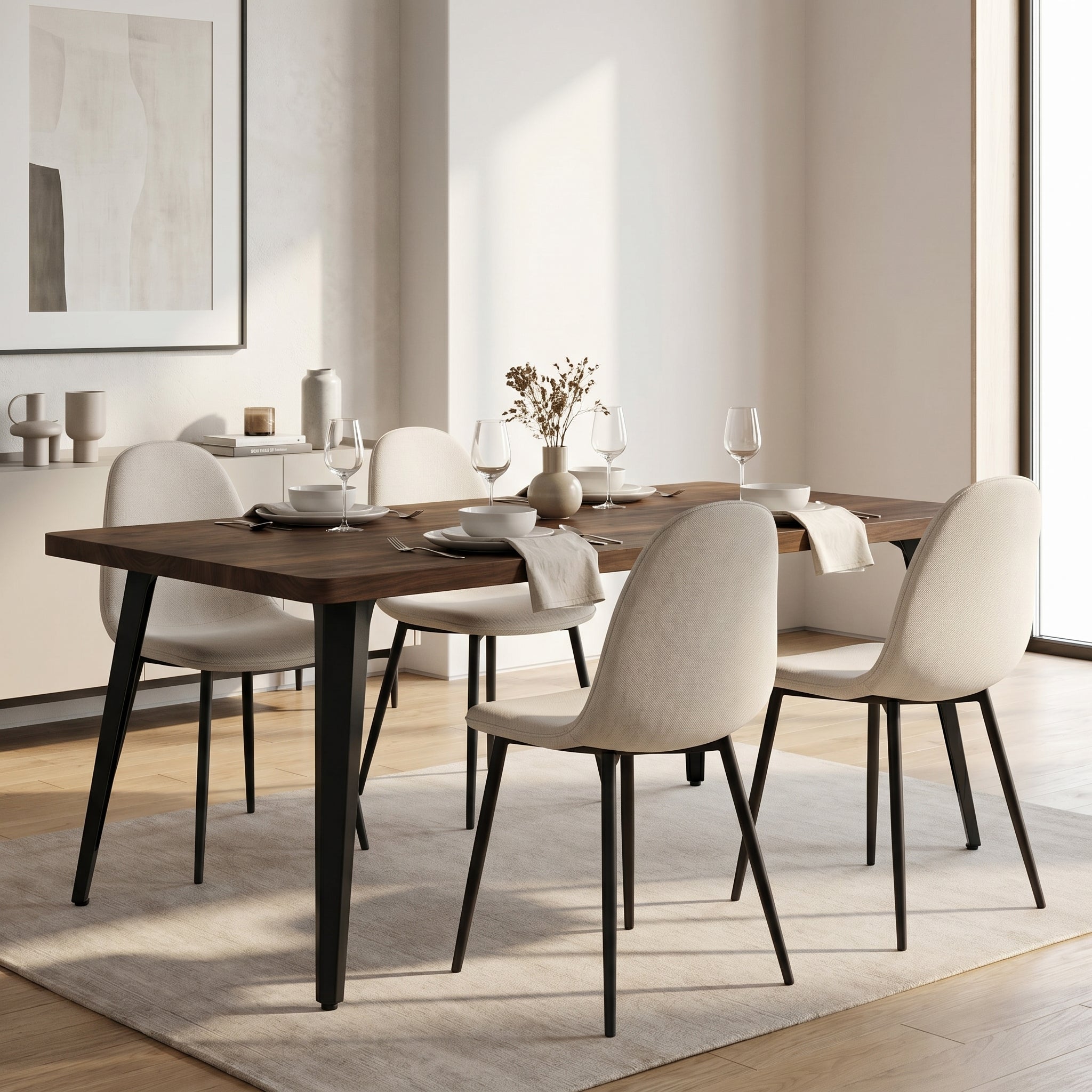 Homy Casa STAN+CHARLTON 5PC Dining Set 63” Dark Walnut Table with 4 Charlton Khaki Fabric Chairs