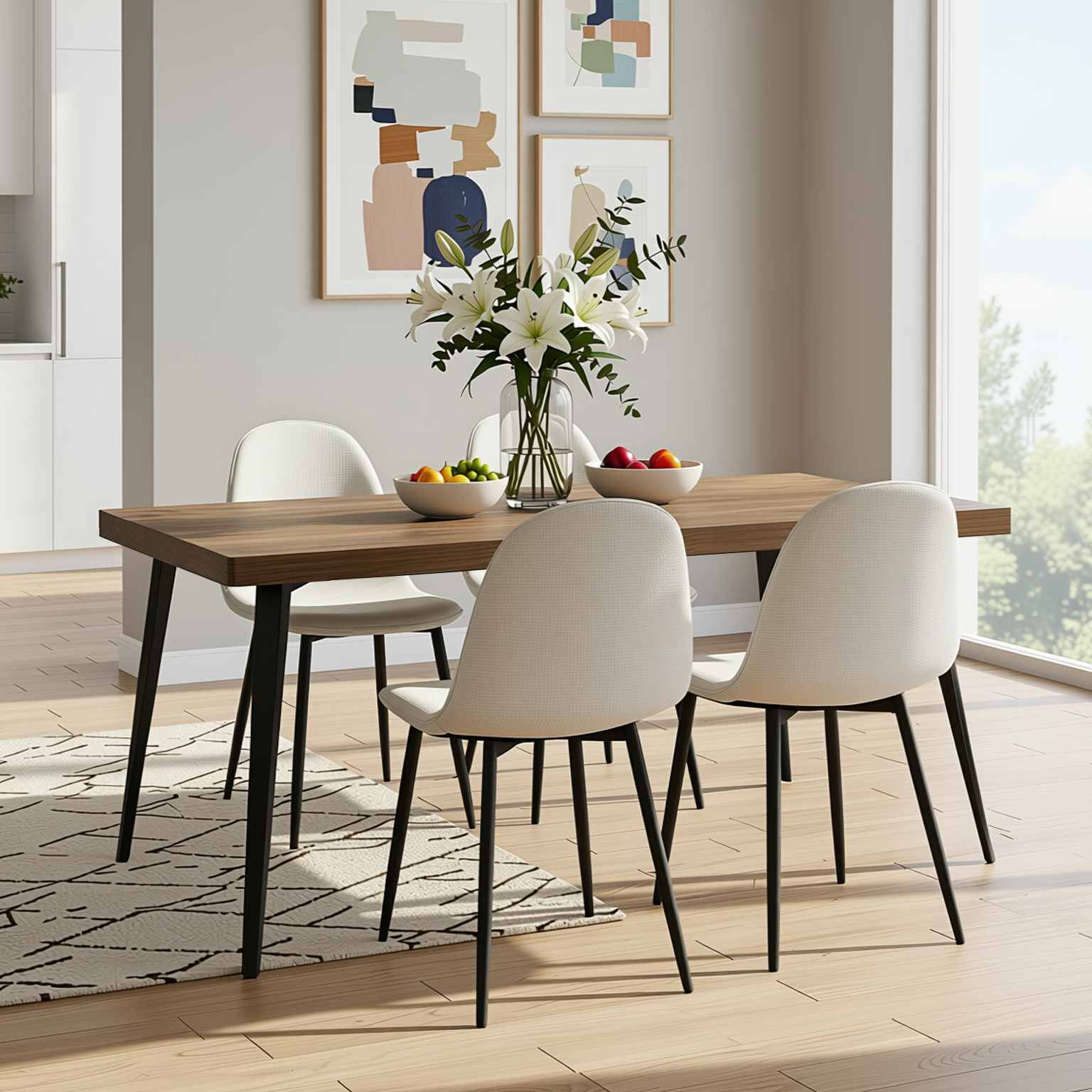Homy Casa STAN+CHARLTON 5PC Dining Set 63” Dark Walnut Table with 4 Charlton Khaki Fabric Chairs