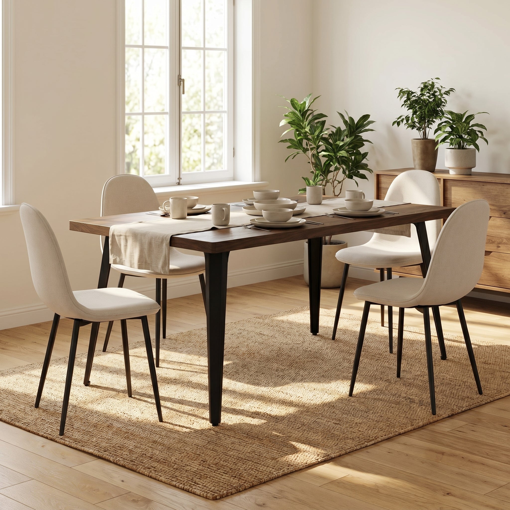 Homy Casa STAN+CHARLTON 5PC Dining Set 63” Dark Walnut Table with 4 Charlton Khaki Fabric Chairs