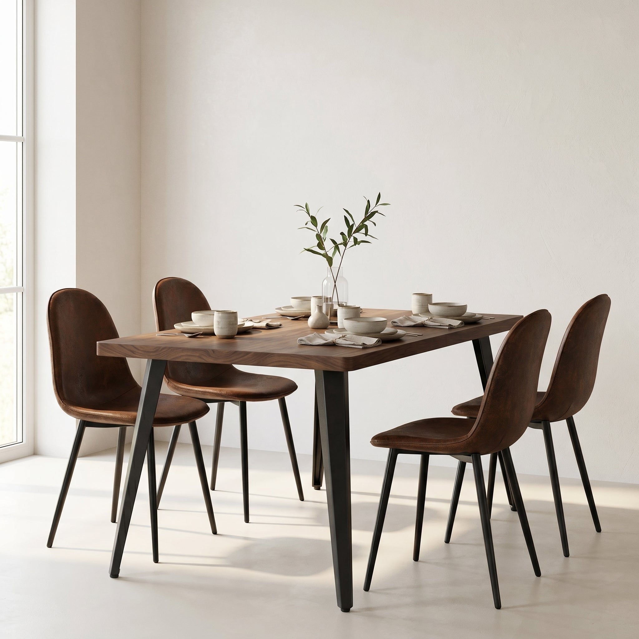 Homy Casa STAN+CHARLTON 5PC Dining Set 63” Vintage Brown Table with 4 Charlton Suede Brown Chairs, Black Metal Legs