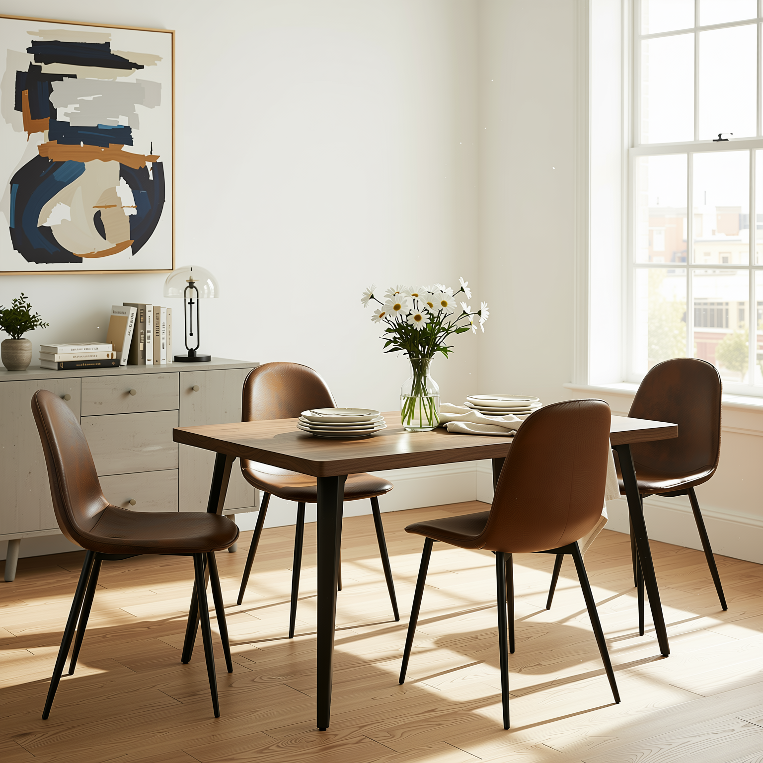 Homy Casa STAN+CHARLTON 5PC Dining Set 63” Vintage Brown Table with 4 Charlton Suede Brown Chairs, Black Metal Legs