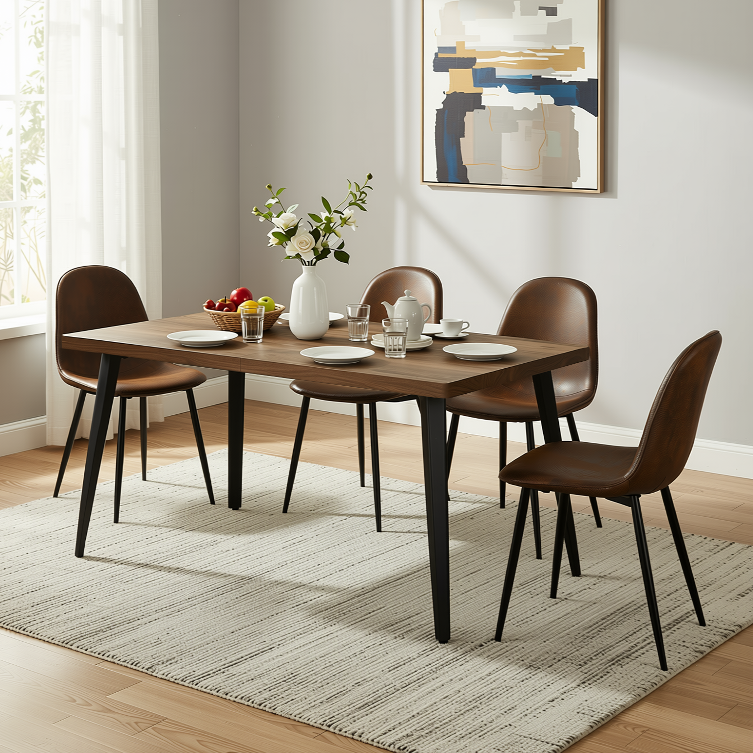 Homy Casa STAN+CHARLTON 5PC Dining Set 63” Vintage Brown Table with 4 Charlton Suede Brown Chairs, Black Metal Legs