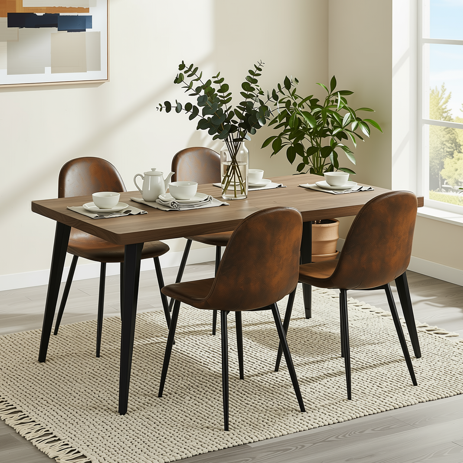 Homy Casa STAN+CHARLTON 5PC Dining Set 63” Vintage Brown Table with 4 Charlton Suede Brown Chairs, Black Metal Legs
