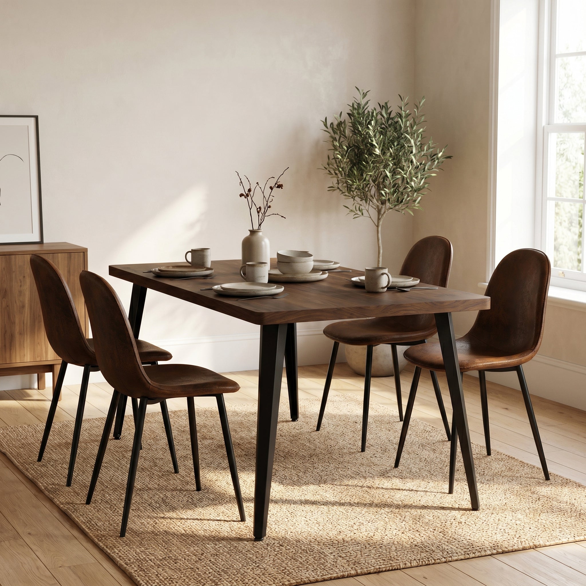 Homy Casa STAN+CHARLTON 5PC Dining Set 63” Vintage Brown Table with 4 Charlton Suede Brown Chairs, Black Metal Legs