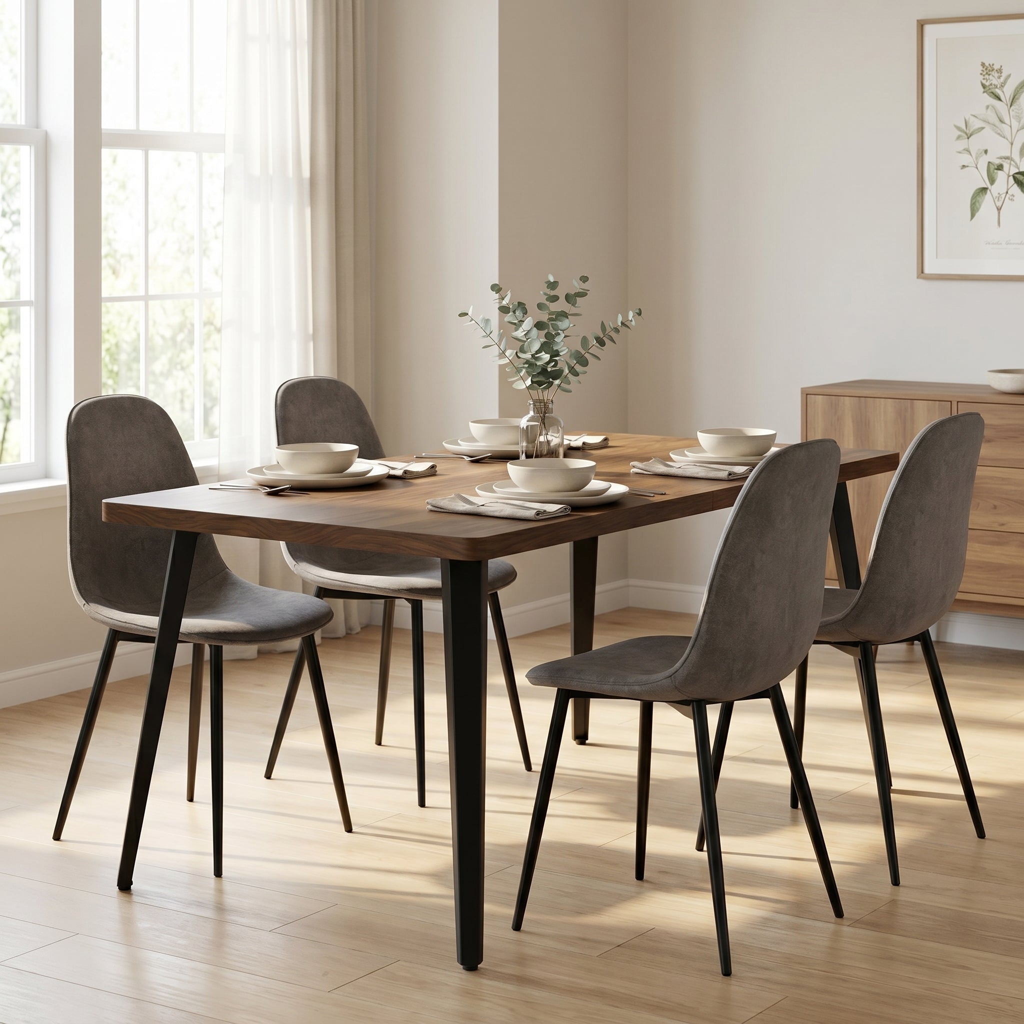 Homy Casa STAN+CHARLTON 5PC Dining Set 63” Vintage Brown Table with 4 Charlton Grey Terry Fabric Chairs