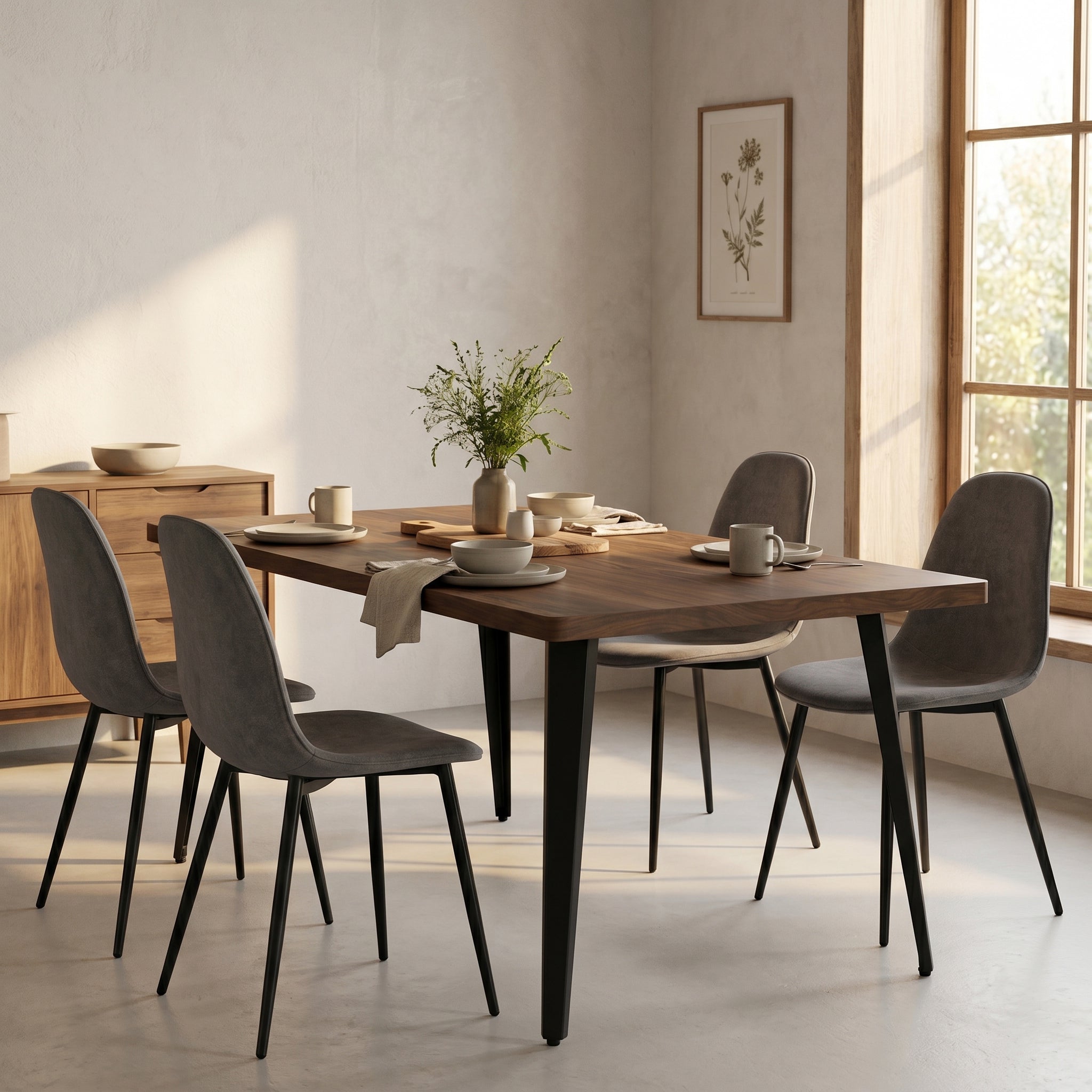 Homy Casa STAN+CHARLTON 5PC Dining Set 63” Vintage Brown Table with 4 Charlton Grey Terry Fabric Chairs