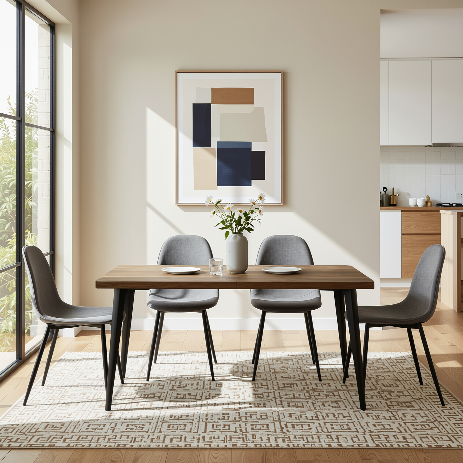 Homy Casa STAN+CHARLTON 5PC Dining Set 63” Vintage Brown Table with 4 Charlton Grey Terry Fabric Chairs