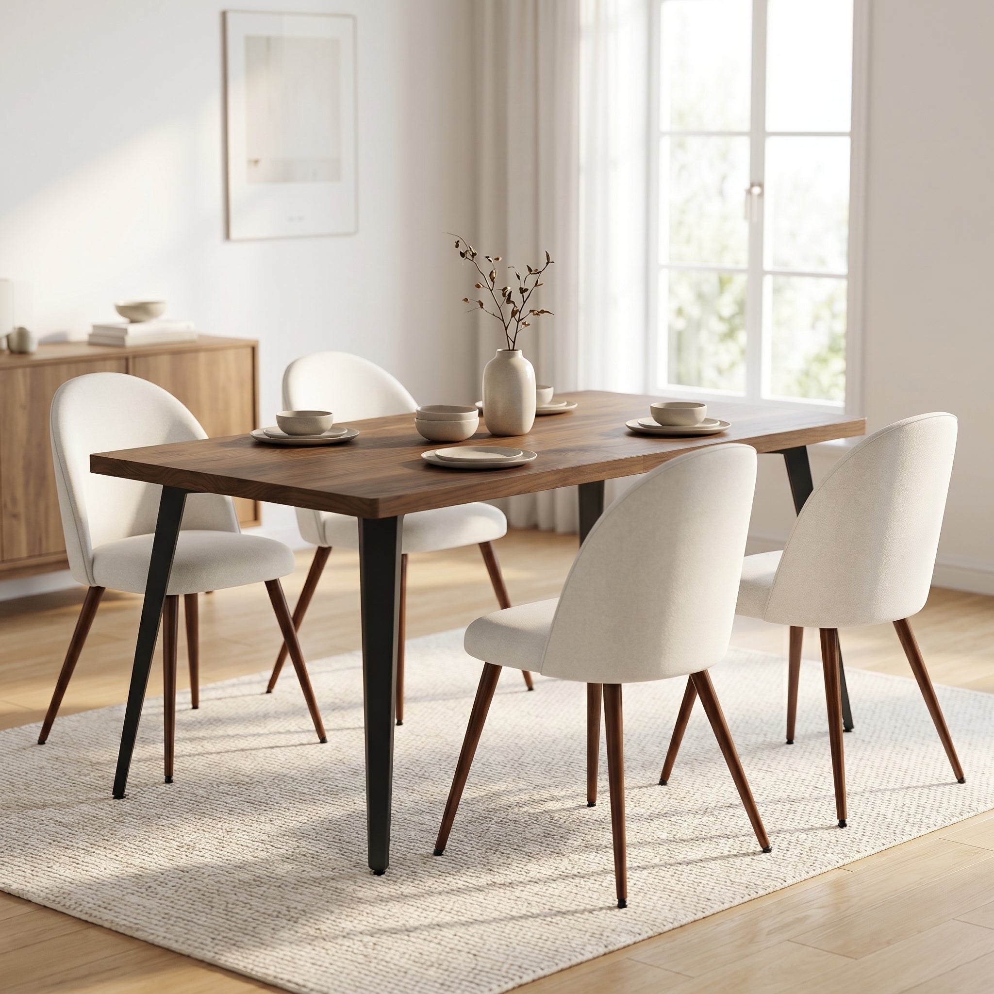 Homy Casa STAN+HAVEN 5PC Dining Set 63” Vintage Brown Table with 4 Haven Beige Fabric Chairs Walnut Legs