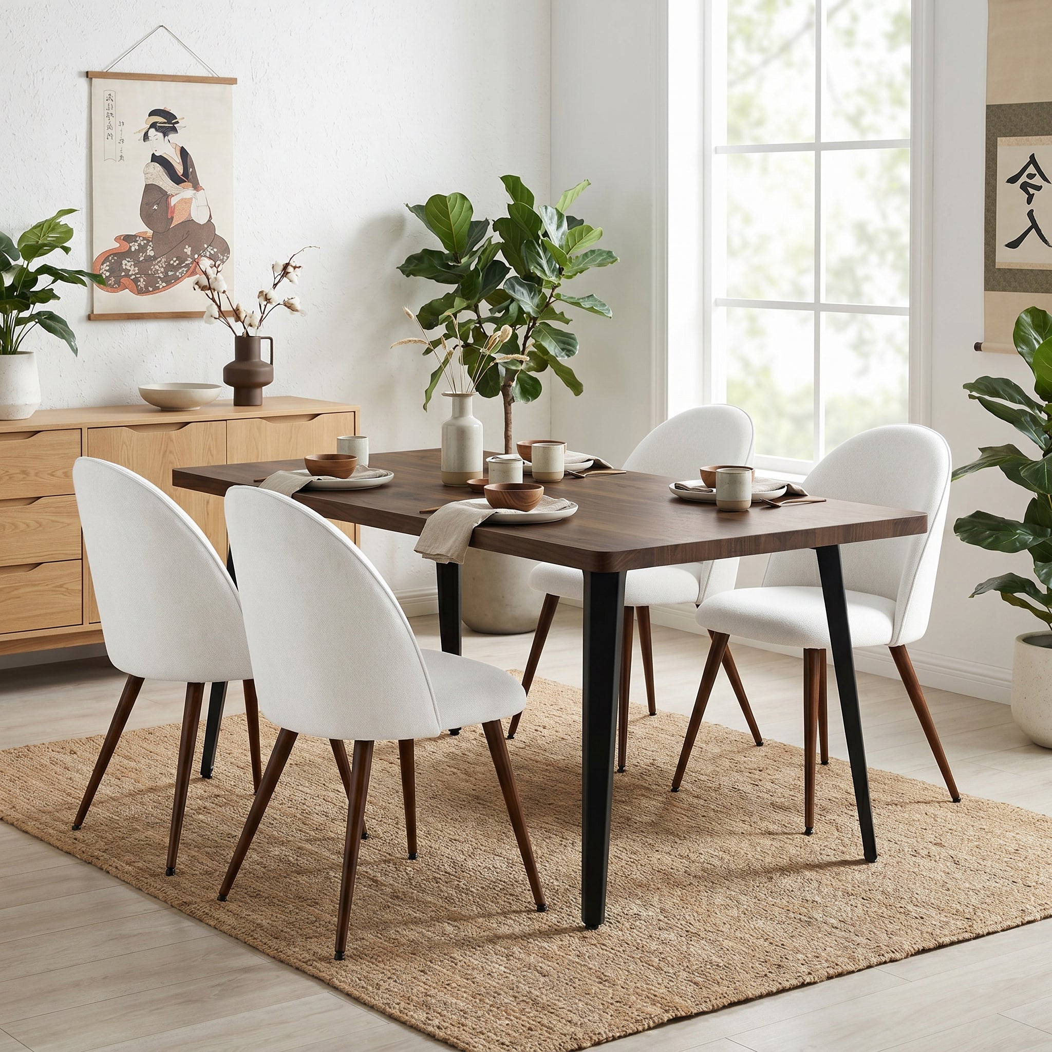 Homy Casa STAN+HAVEN 5PC Dining Set 63” Vintage Brown Table with 4 Haven Beige Fabric Chairs Walnut Legs