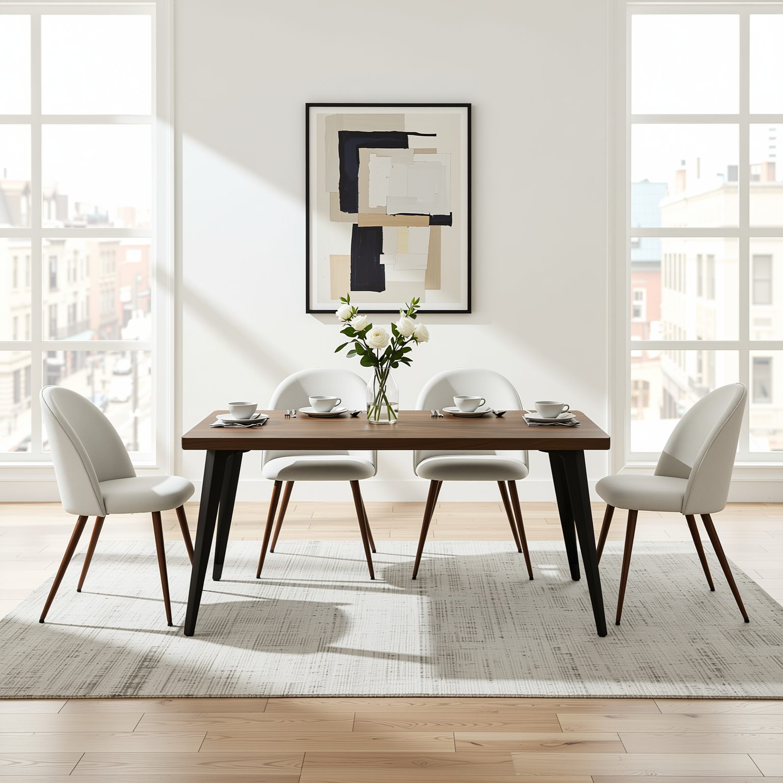 Homy Casa STAN+HAVEN 5PC Dining Set 63” Vintage Brown Table with 4 Haven Beige Fabric Chairs Walnut Legs