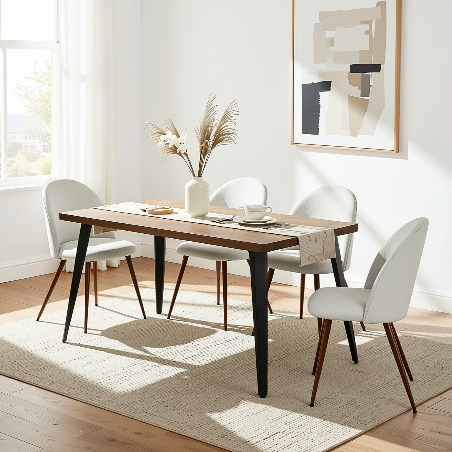 Homy Casa STAN+HAVEN 5PC Dining Set 63” Vintage Brown Table with 4 Haven Beige Fabric Chairs Walnut Legs
