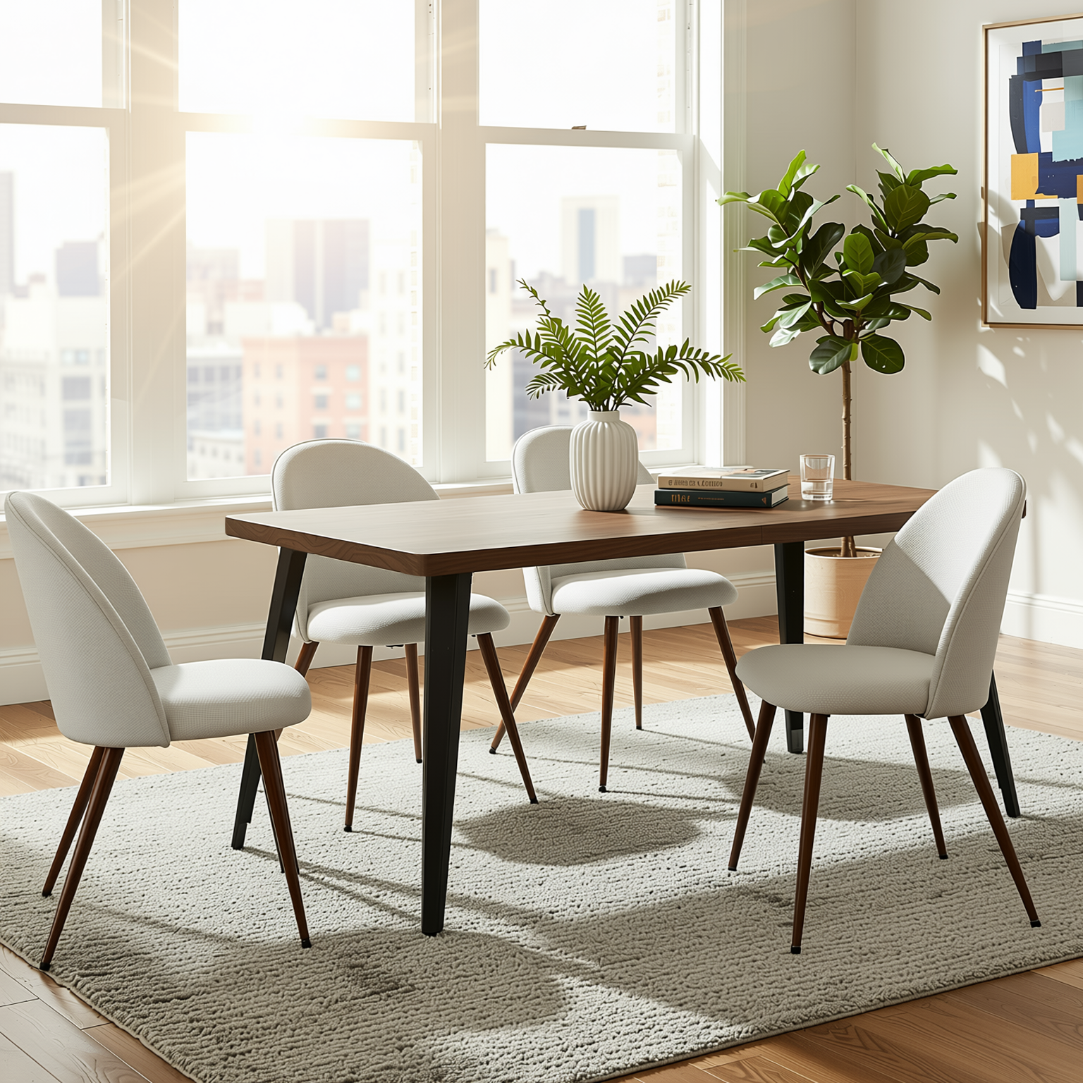 Homy Casa STAN+HAVEN 5PC Dining Set 63” Vintage Brown Table with 4 Haven Beige Fabric Chairs Walnut Legs