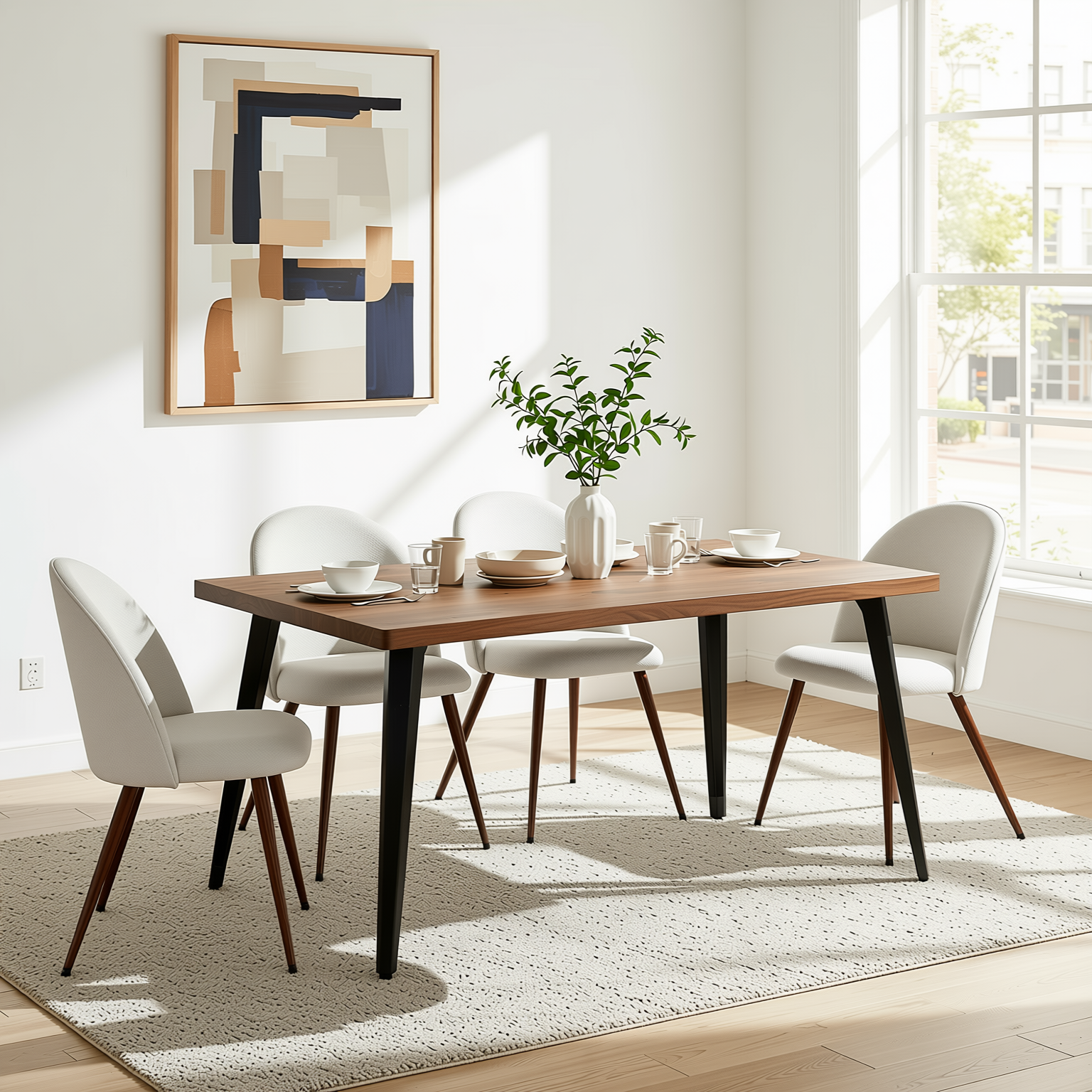 Homy Casa STAN+HAVEN 5PC Dining Set 63” Vintage Brown Table with 4 Haven Beige Fabric Chairs Walnut Legs