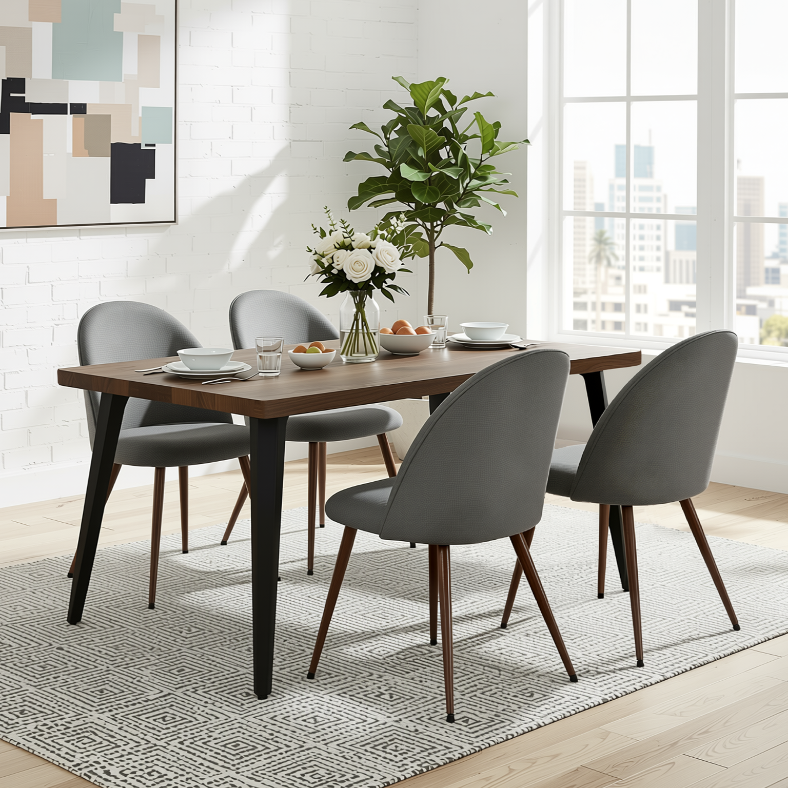 Homy Casa STAN+HAVEN 5PC Dining Set 63” Vintage Brown Table with 4 Haven Grey Fabric Chairs Walnut Legs