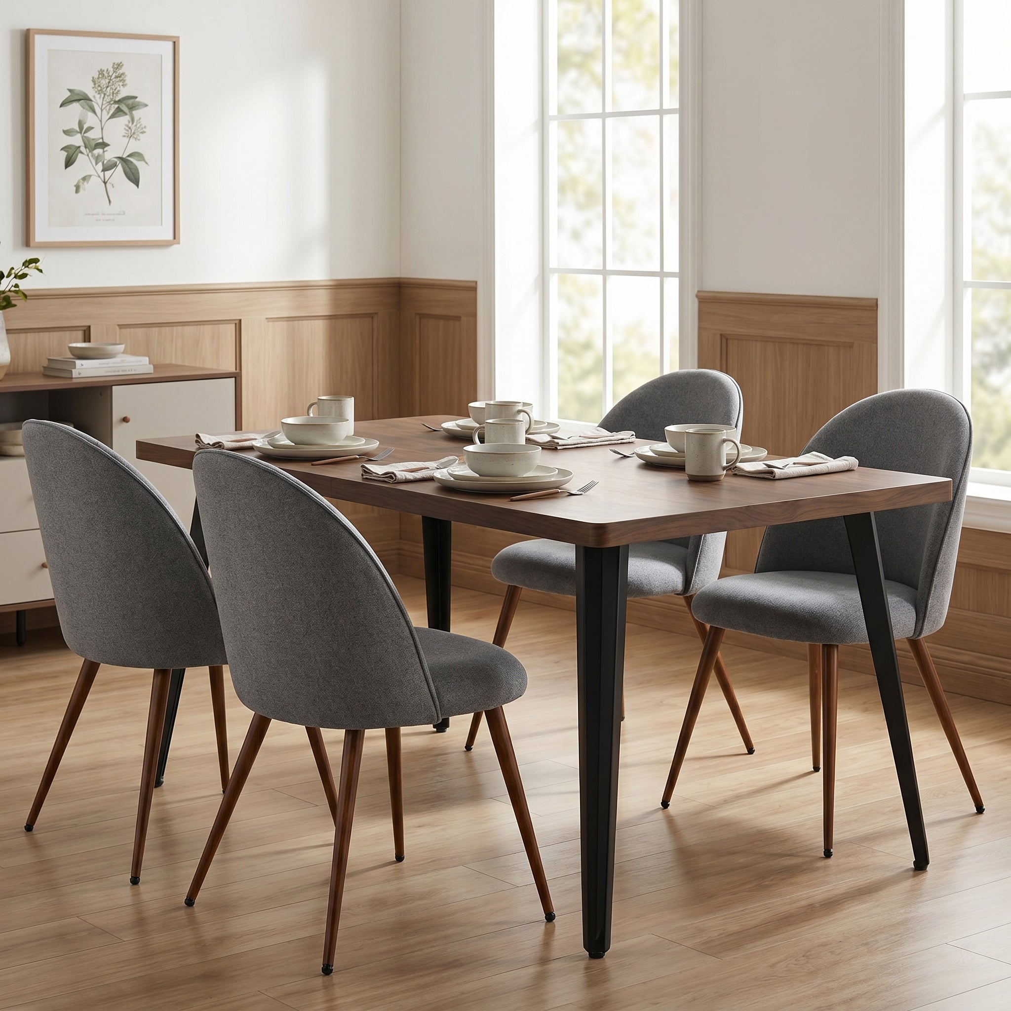 Homy Casa STAN+HAVEN 5PC Dining Set 63” Vintage Brown Table with 4 Haven Grey Fabric Chairs Walnut Legs