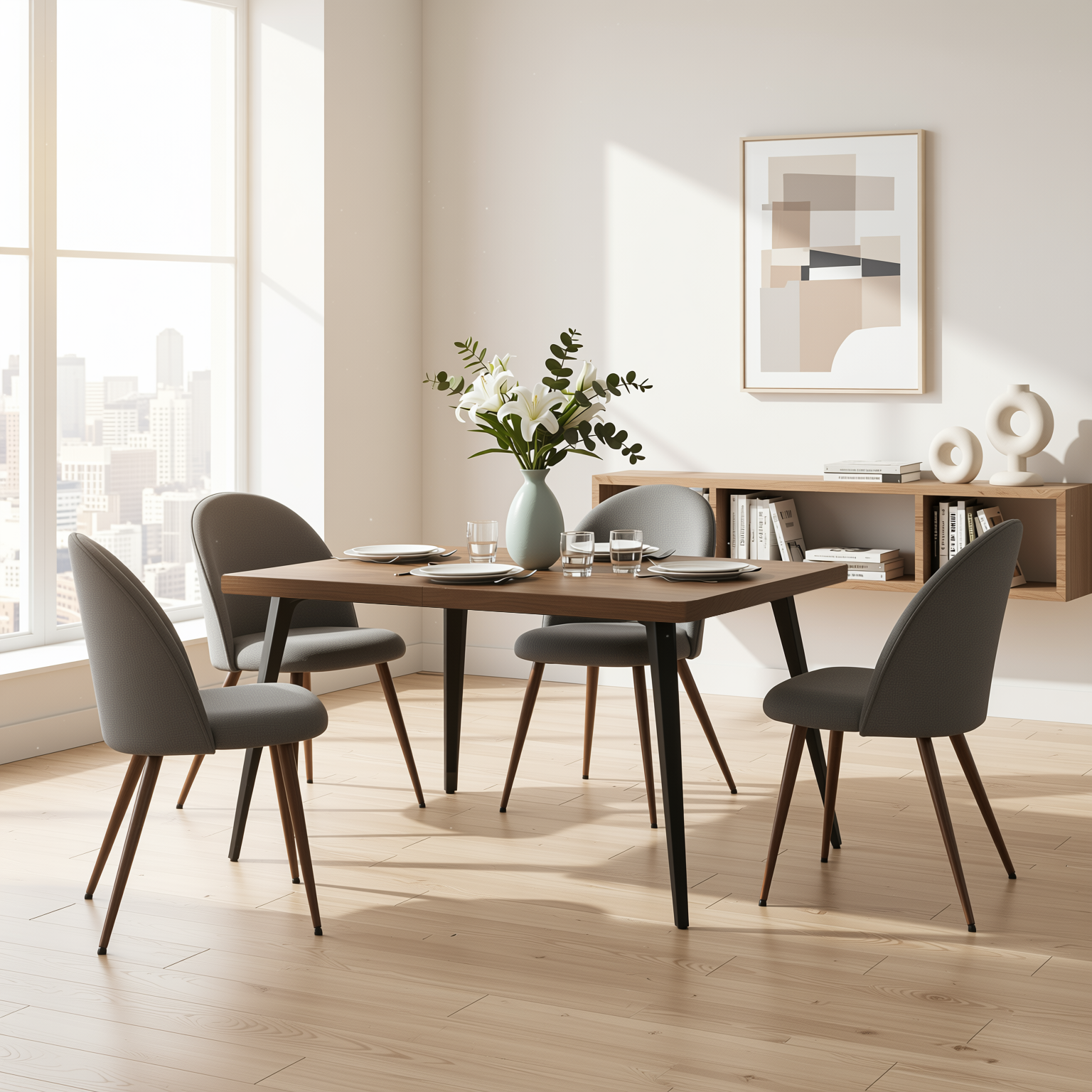 Homy Casa STAN+HAVEN 5PC Dining Set 63” Vintage Brown Table with 4 Haven Grey Fabric Chairs Walnut Legs