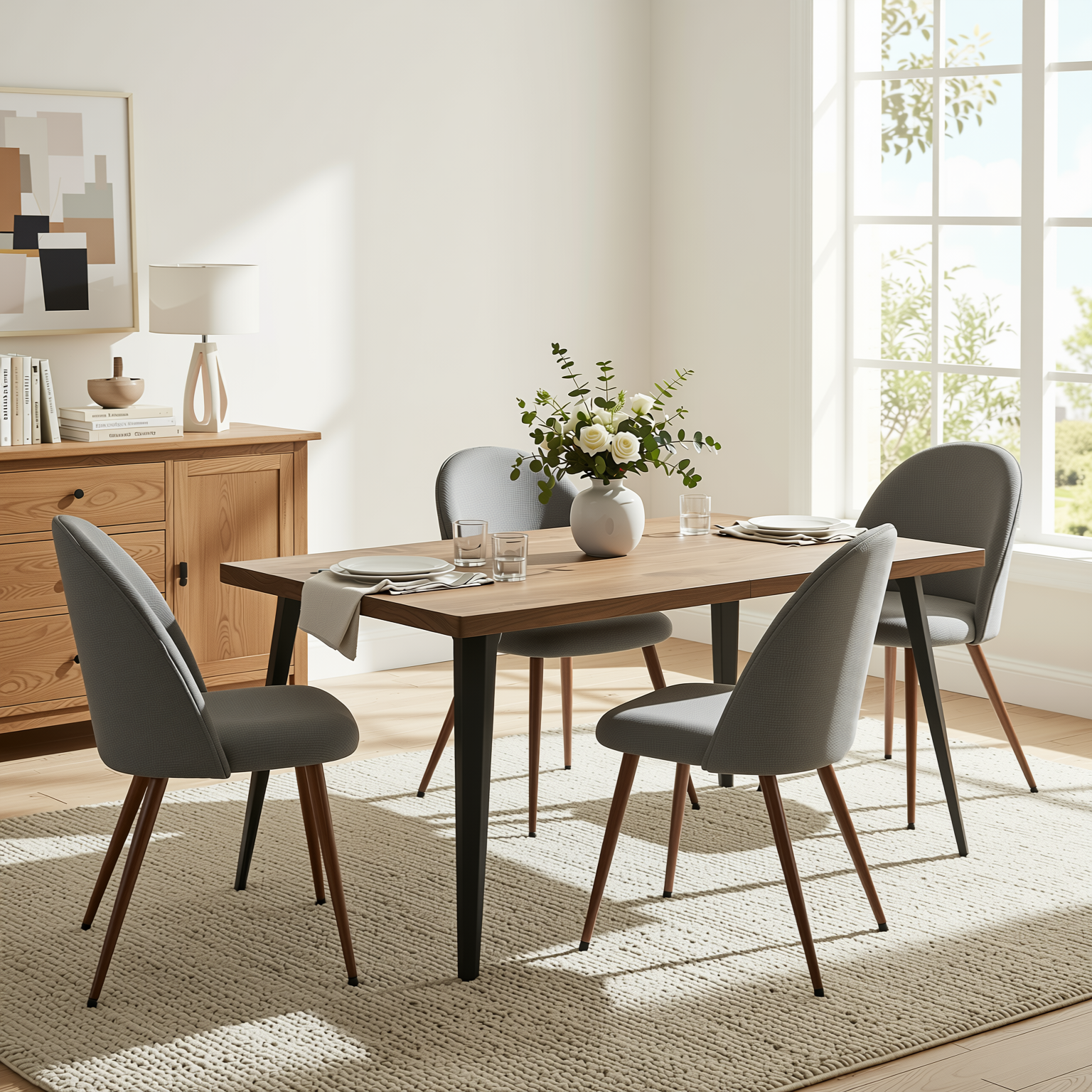 Homy Casa STAN+HAVEN 5PC Dining Set 63” Vintage Brown Table with 4 Haven Grey Fabric Chairs Walnut Legs