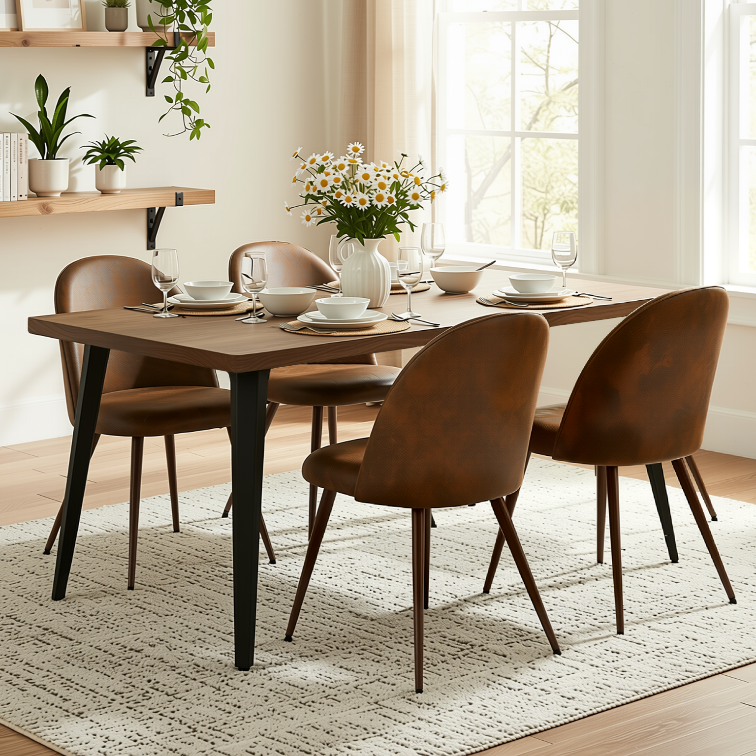 Homy Casa STAN+HAVEN 5PC Dining Set 63” Vintage Brown Table with 4 Haven Suede Brown Chairs Walnut Legs
