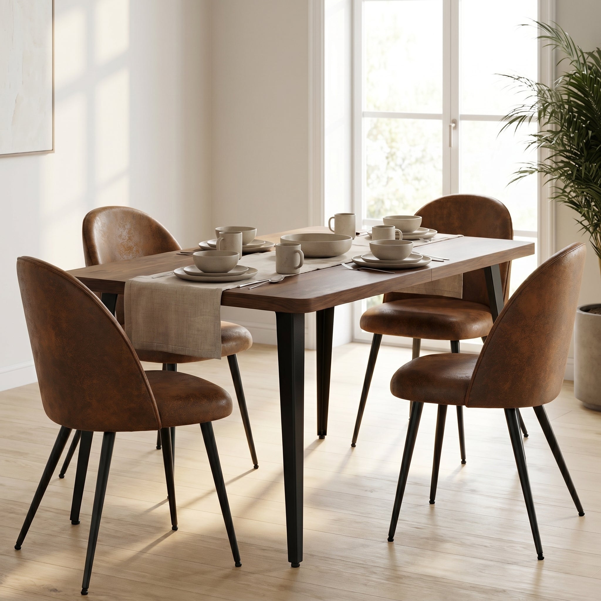 Homy Casa STAN+HAVEN 5PC Dining Set 63” Vintage Brown Table with 4 Haven Suede Brown Chairs Walnut Legs