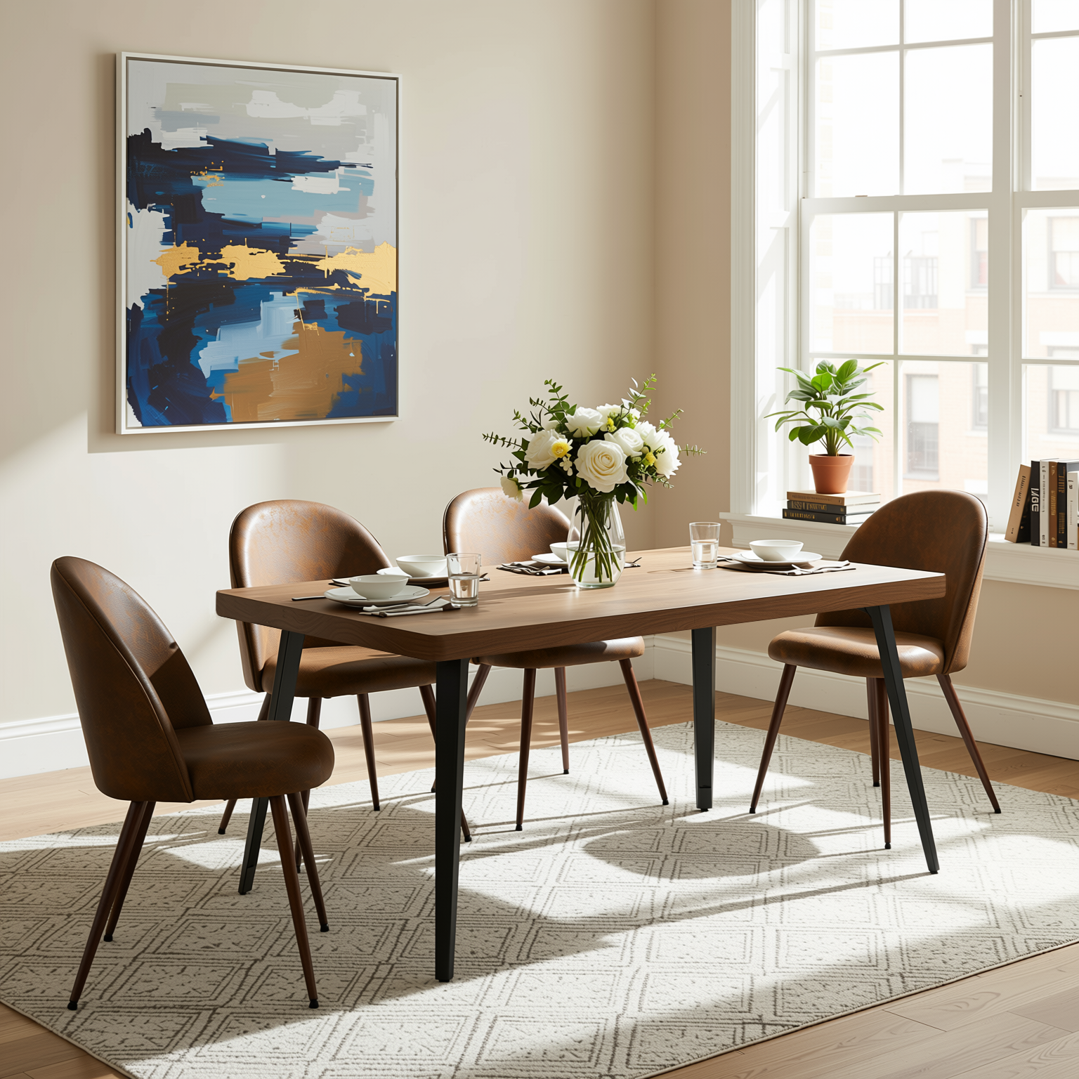 Homy Casa STAN+HAVEN 5PC Dining Set 63” Vintage Brown Table with 4 Haven Suede Brown Chairs Walnut Legs