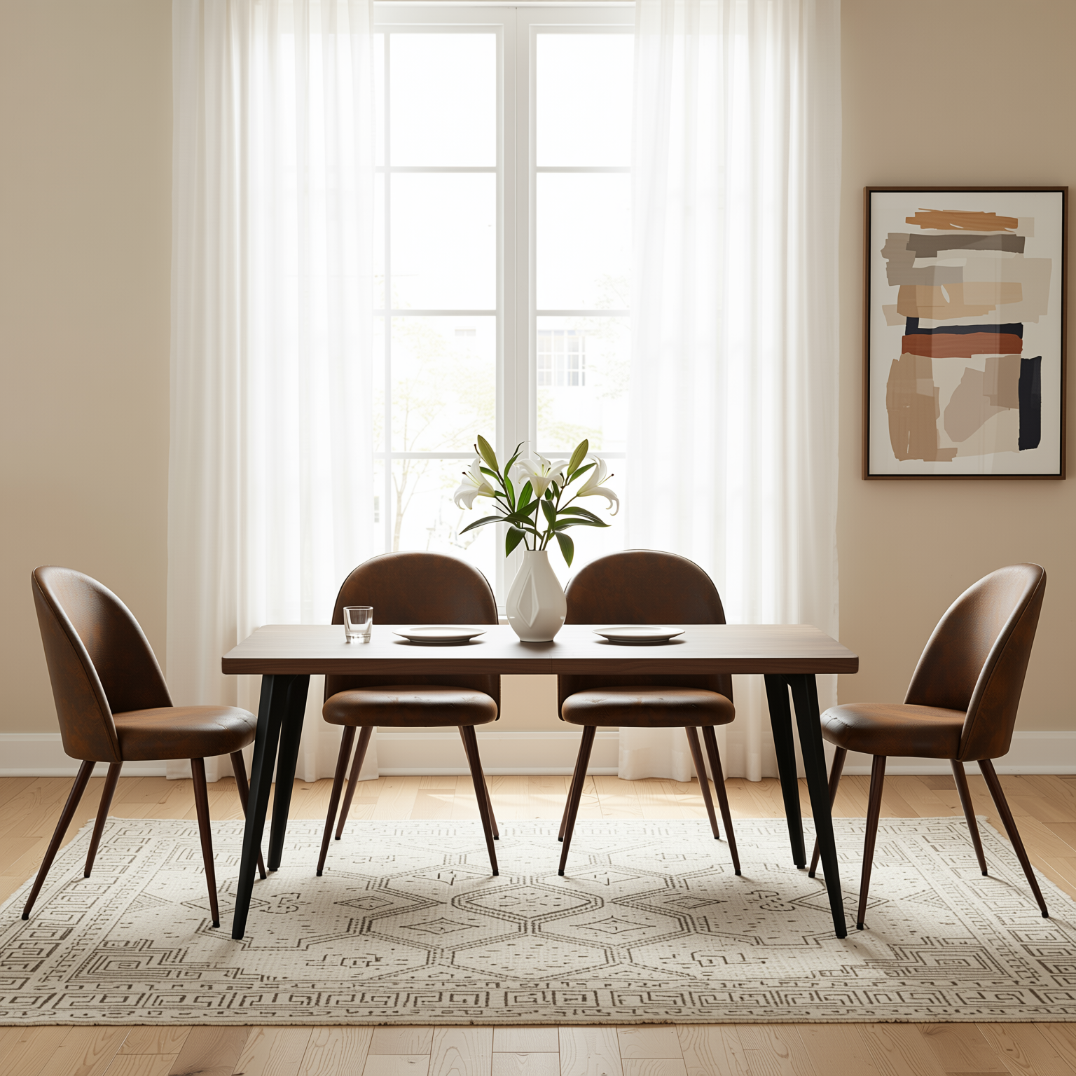 Homy Casa STAN+HAVEN 5PC Dining Set 63” Vintage Brown Table with 4 Haven Suede Brown Chairs Walnut Legs