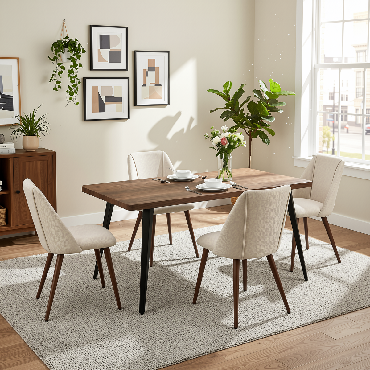 Homy Casa STAN+KALI 5PC Dining Set 63" Dark Walnut Table with 4 Kali Beige Fabric Chairs