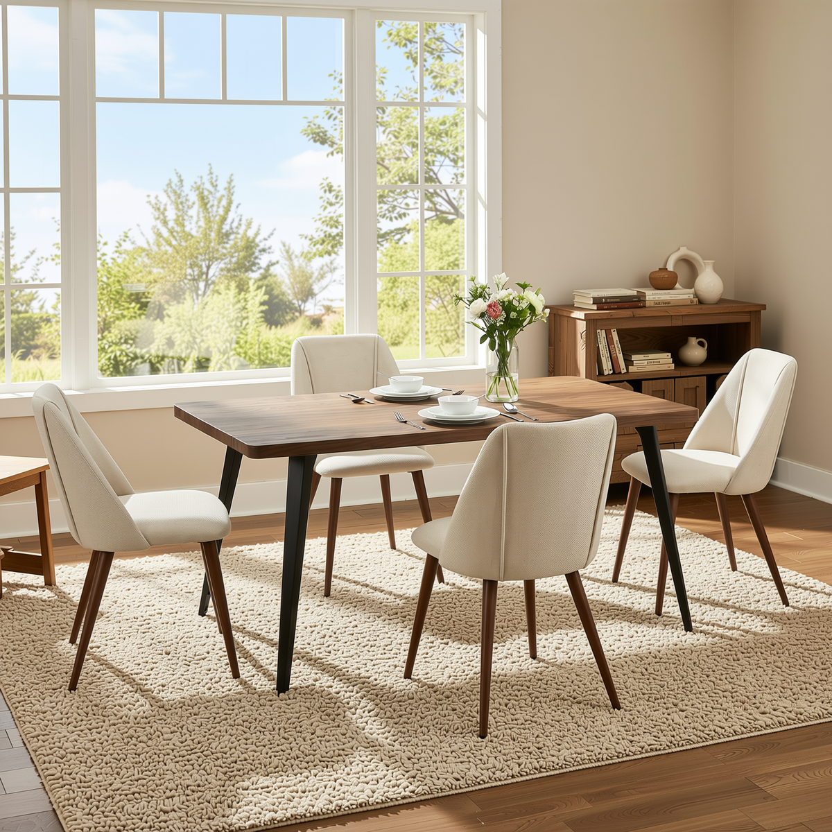 Homy Casa STAN+KALI 5PC Dining Set 63" Dark Walnut Table with 4 Kali Beige Fabric Chairs