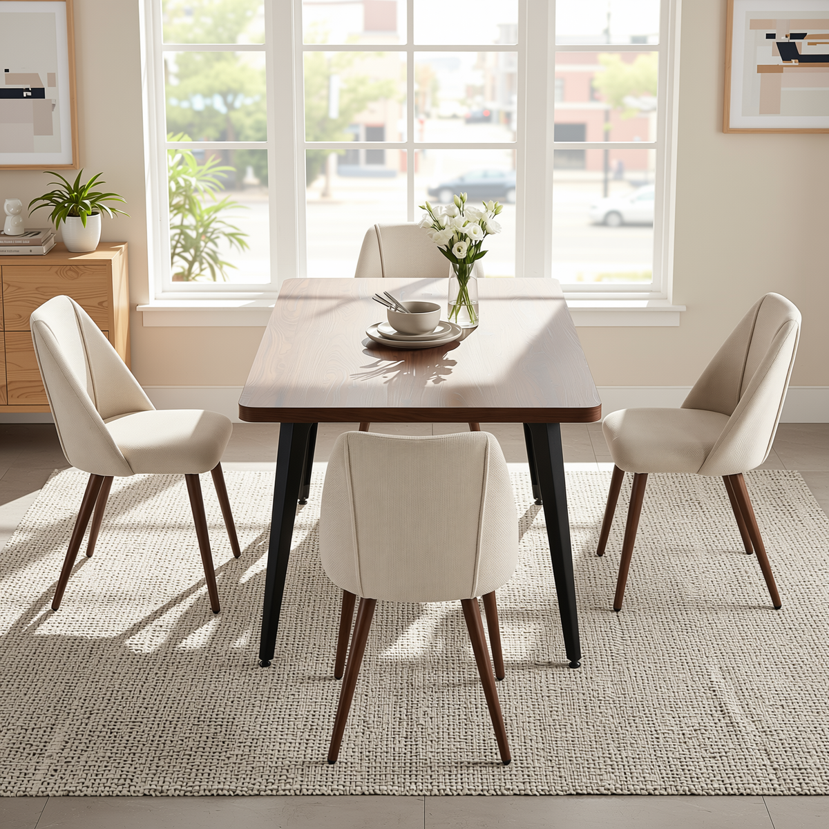 Homy Casa STAN+KALI 5PC Dining Set 63" Dark Walnut Table with 4 Kali Beige Fabric Chairs
