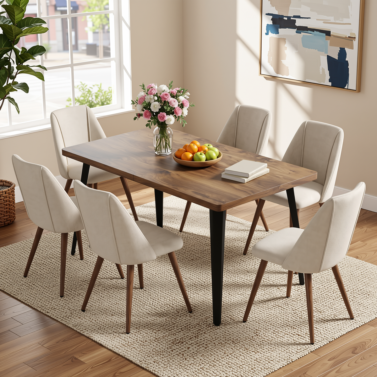 Homy Casa STAN+KALI 7PC Dining Set 63" Table with 6 Kali Beige Fabric Chairs in Dark Walnut Finish