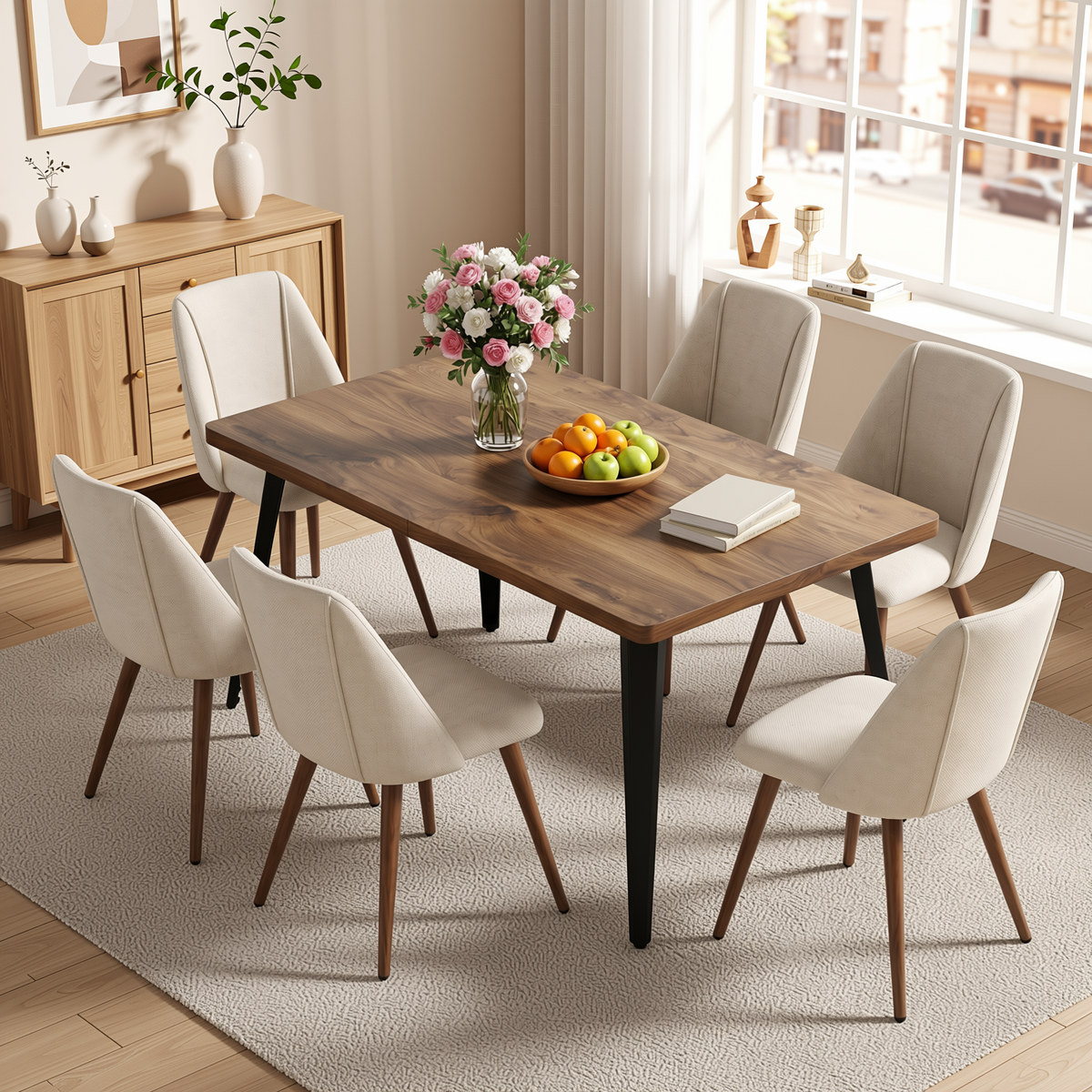 Homy Casa STAN+KALI 7PC Dining Set 63" Table with 6 Kali Beige Fabric Chairs in Dark Walnut Finish