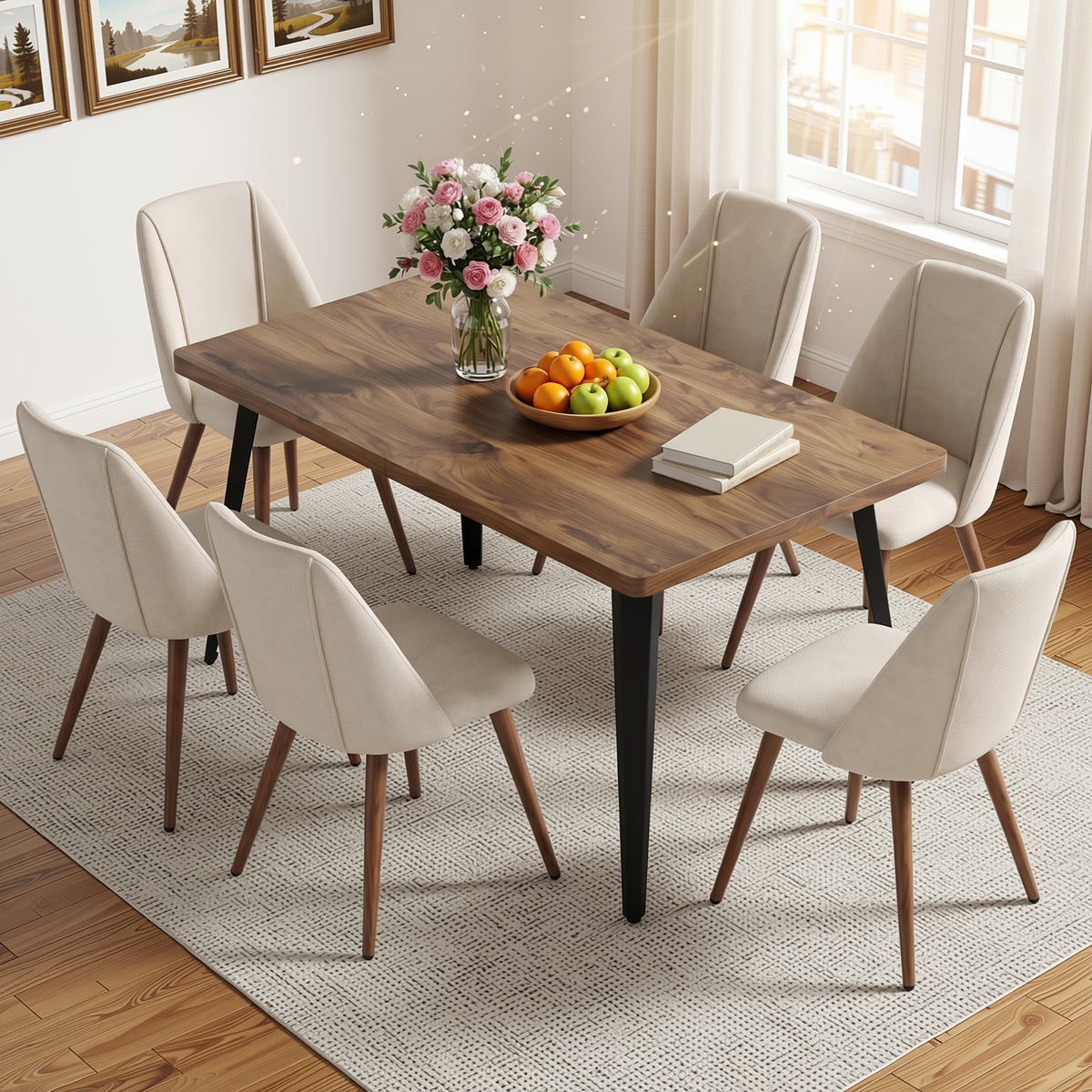 Homy Casa STAN+KALI 7PC Dining Set 63" Table with 6 Kali Beige Fabric Chairs in Dark Walnut Finish