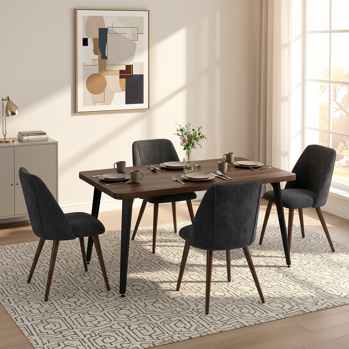 Homy Casa STAN+KALI 5PC Dining Set 63" Vintage Brown Table with 4 Charcoal Fabric Chairs Walnut Metal Legs