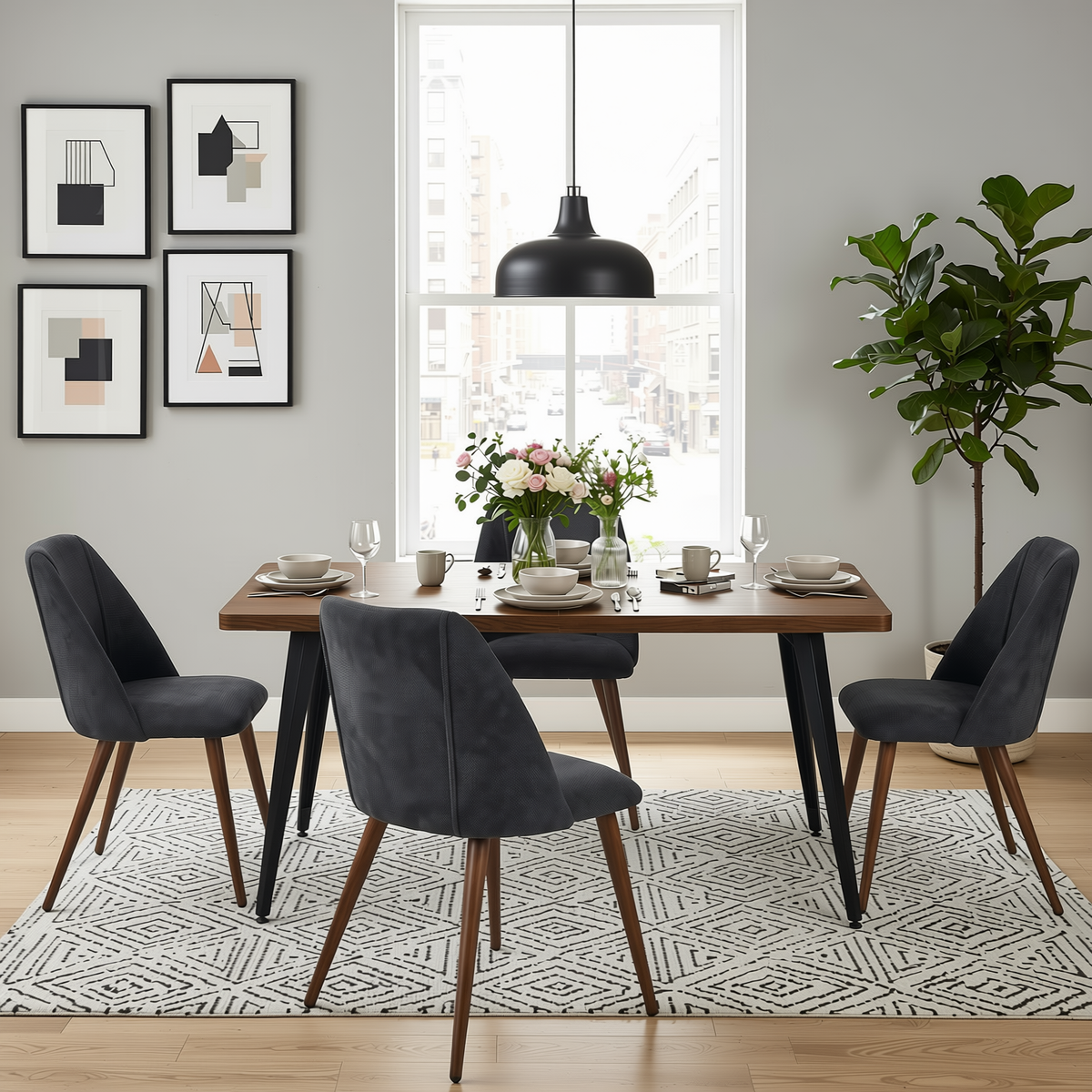 Homy Casa STAN+KALI 5PC Dining Set 63" Vintage Brown Table with 4 Charcoal Fabric Chairs Walnut Metal Legs