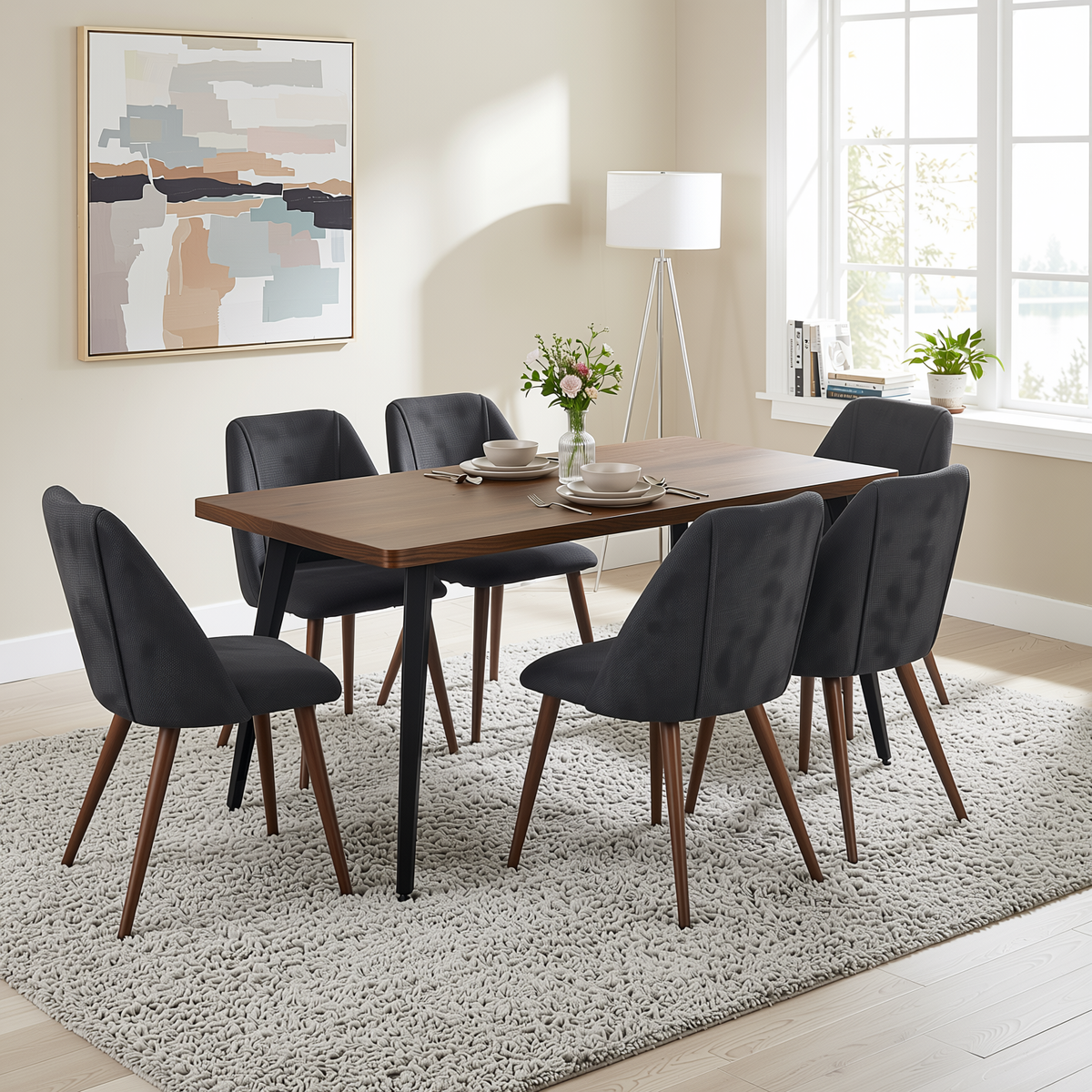 Homy Casa STAN+KALI 7PC Dining Set 63" Table with 6 Kali Charcoal Fabric Chairs Walnut Legs in Dark Brown
