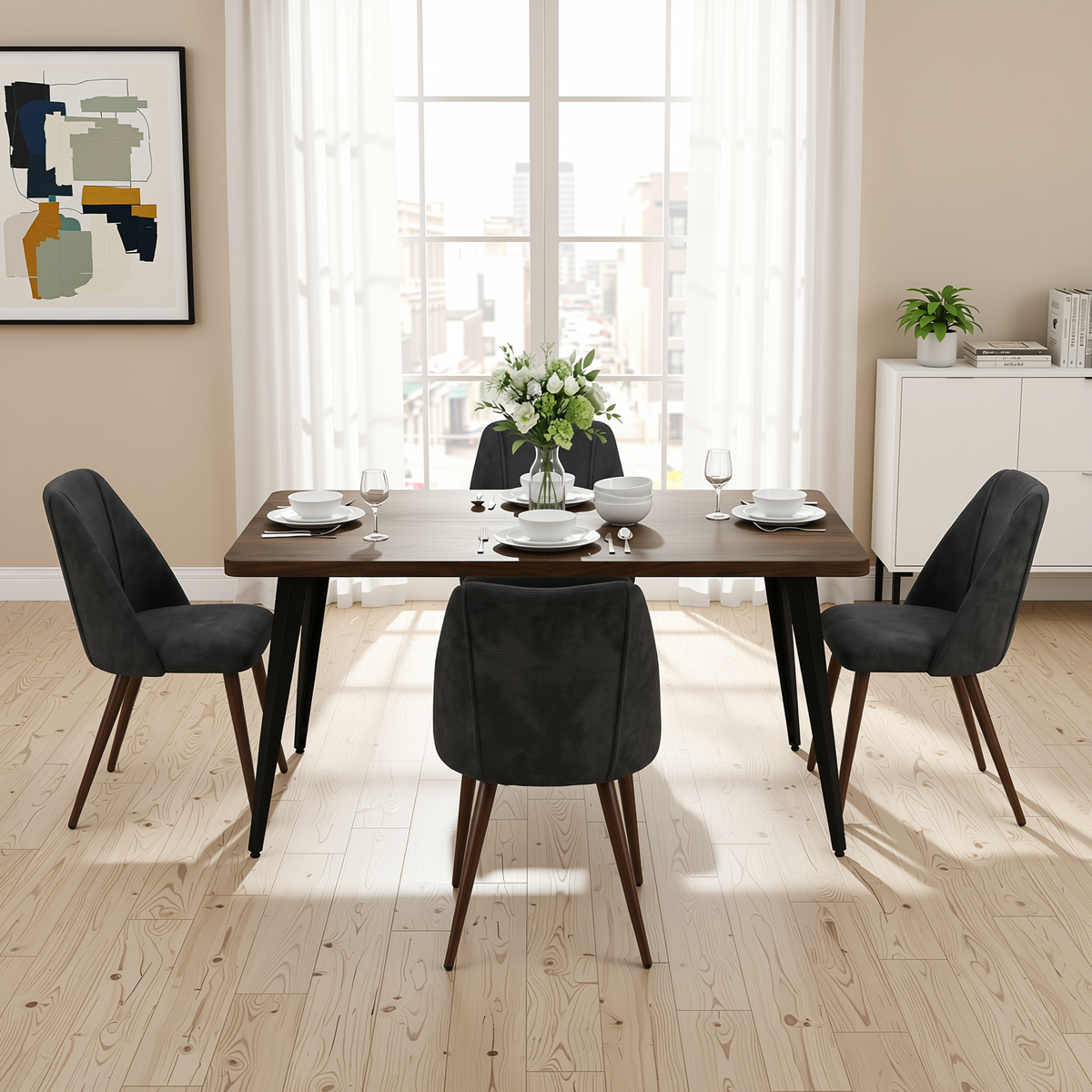Homy Casa STAN+KALI 5PC Dining Set 63" Vintage Brown Table with 4 Charcoal Fabric Chairs Walnut Metal Legs