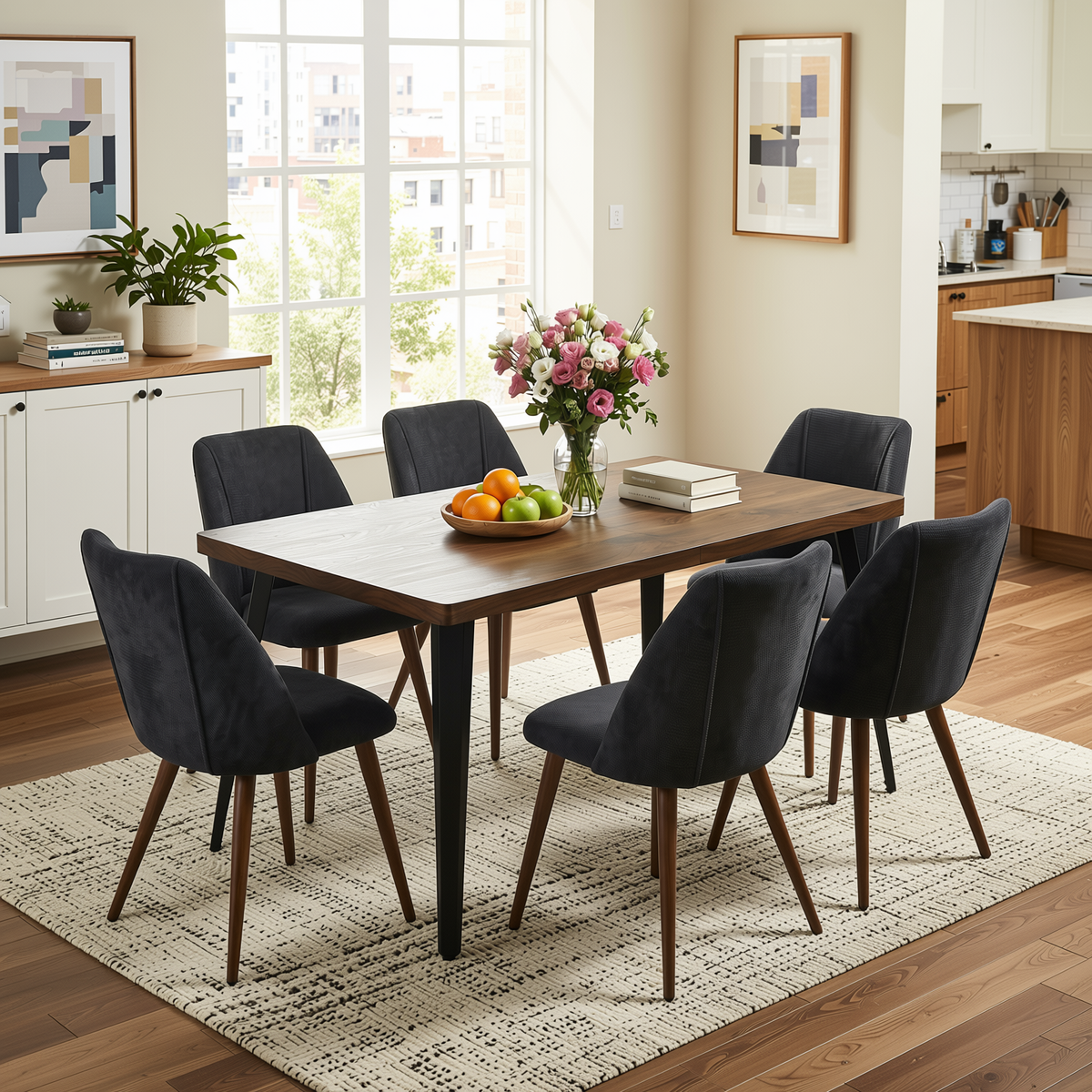 Homy Casa STAN+KALI 7PC Dining Set 63" Table with 6 Kali Charcoal Fabric Chairs Walnut Legs in Dark Brown