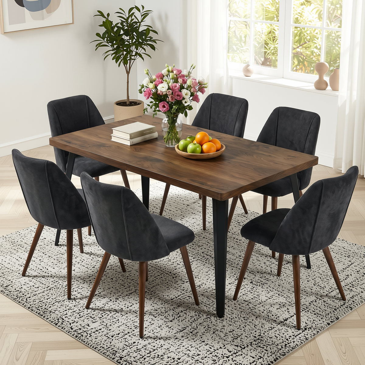 Homy Casa STAN+KALI 7PC Dining Set 63" Table with 6 Kali Charcoal Fabric Chairs Walnut Legs in Dark Brown