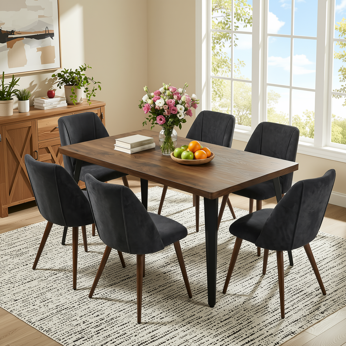 Homy Casa STAN+KALI 7PC Dining Set 63" Table with 6 Kali Charcoal Fabric Chairs Walnut Legs in Dark Brown
