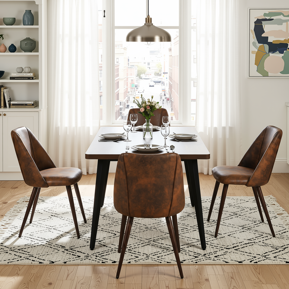Homy Casa STAN+KALI 5PC Dining Set 63” Dark Brown Table with 4 Kali Brown Suede Chairs Walnut Legs