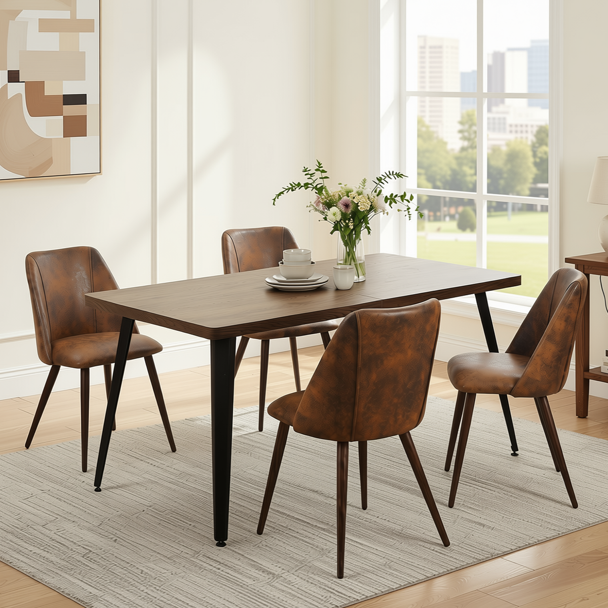 Homy Casa STAN+KALI 5PC Dining Set 63” Dark Brown Table with 4 Kali Brown Suede Chairs Walnut Legs