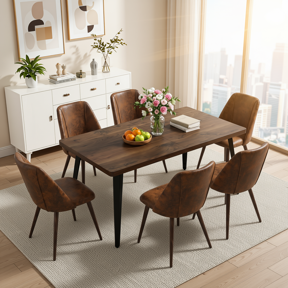 Homy Casa STAN+KALI 7PC Dining Set 63” Dark Brown Table with 6 Kali Suede Brown Chairs Walnut Metal Legs