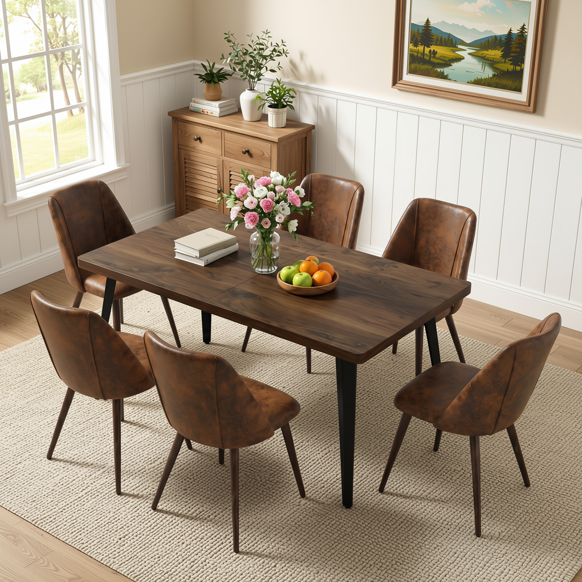 Homy Casa STAN+KALI 7PC Dining Set 63” Dark Brown Table with 6 Kali Suede Brown Chairs Walnut Metal Legs