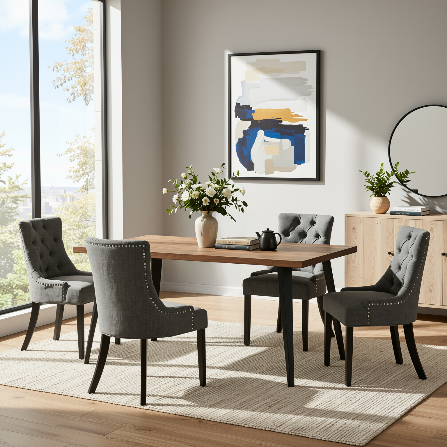 Homy Casa STAN+NUTTON 5PC Dining Set 63" Vintage Brown Table with 4 Ebony Charcoal Upholstered Chairs