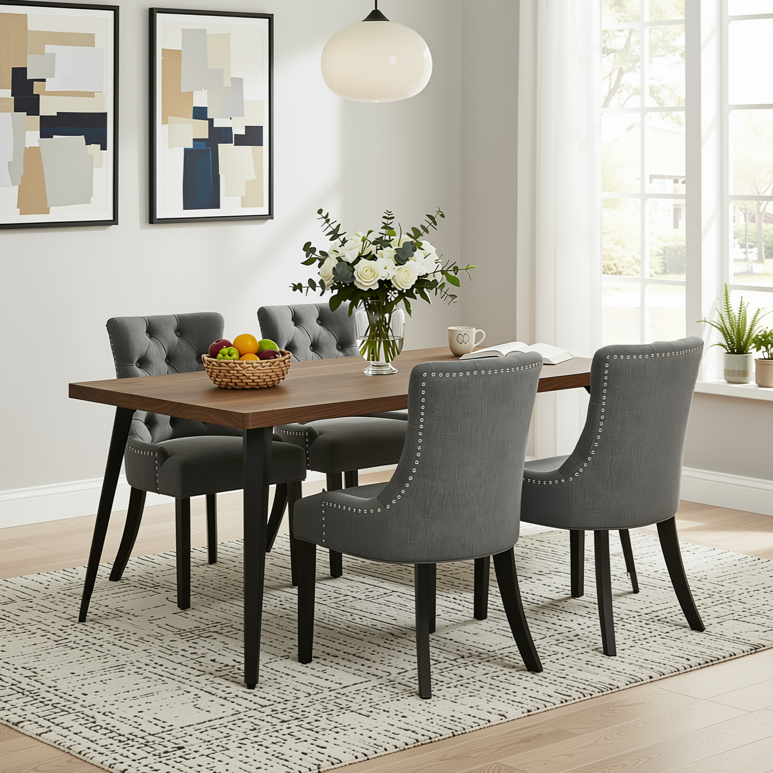 Homy Casa STAN+NUTTON 5PC Dining Set 63" Vintage Brown Table with 4 Ebony Charcoal Upholstered Chairs