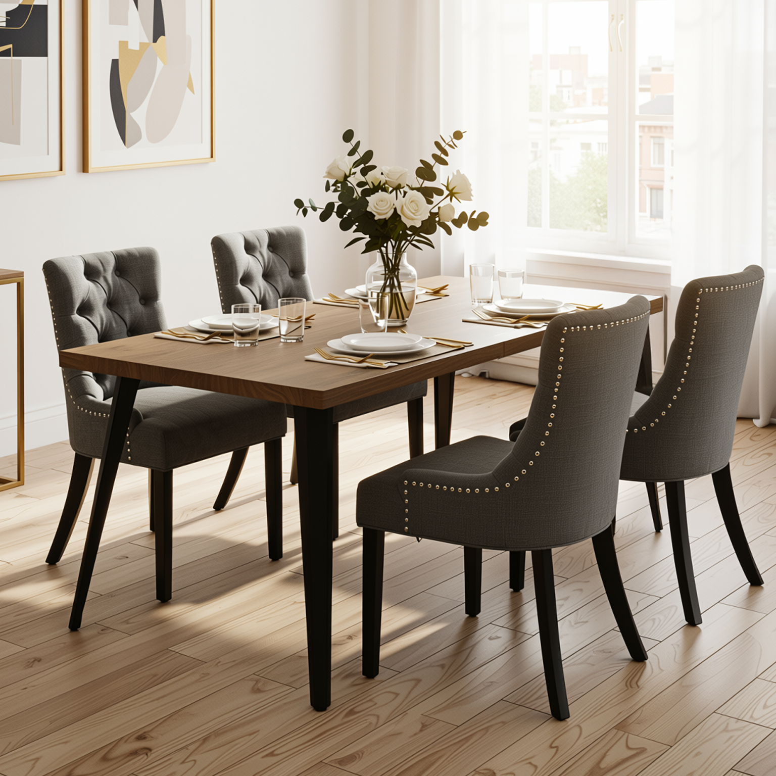 Homy Casa STAN+NUTTON 5PC Dining Set 63" Vintage Brown Table with 4 Ebony Charcoal Upholstered Chairs