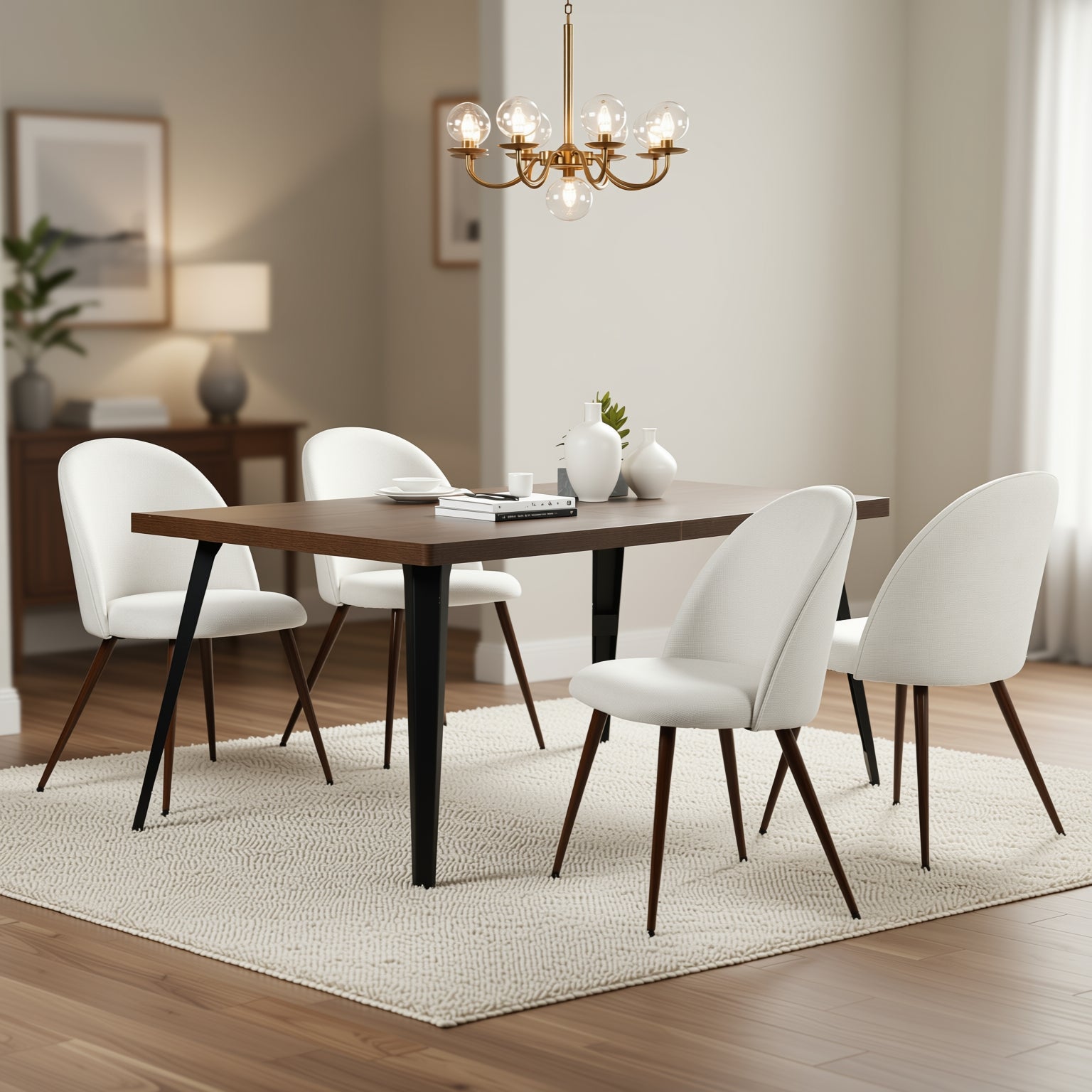 Stan 5 Piece Walnut Dining Table Set 63” Table with 4 Haven Upholstered Chairs