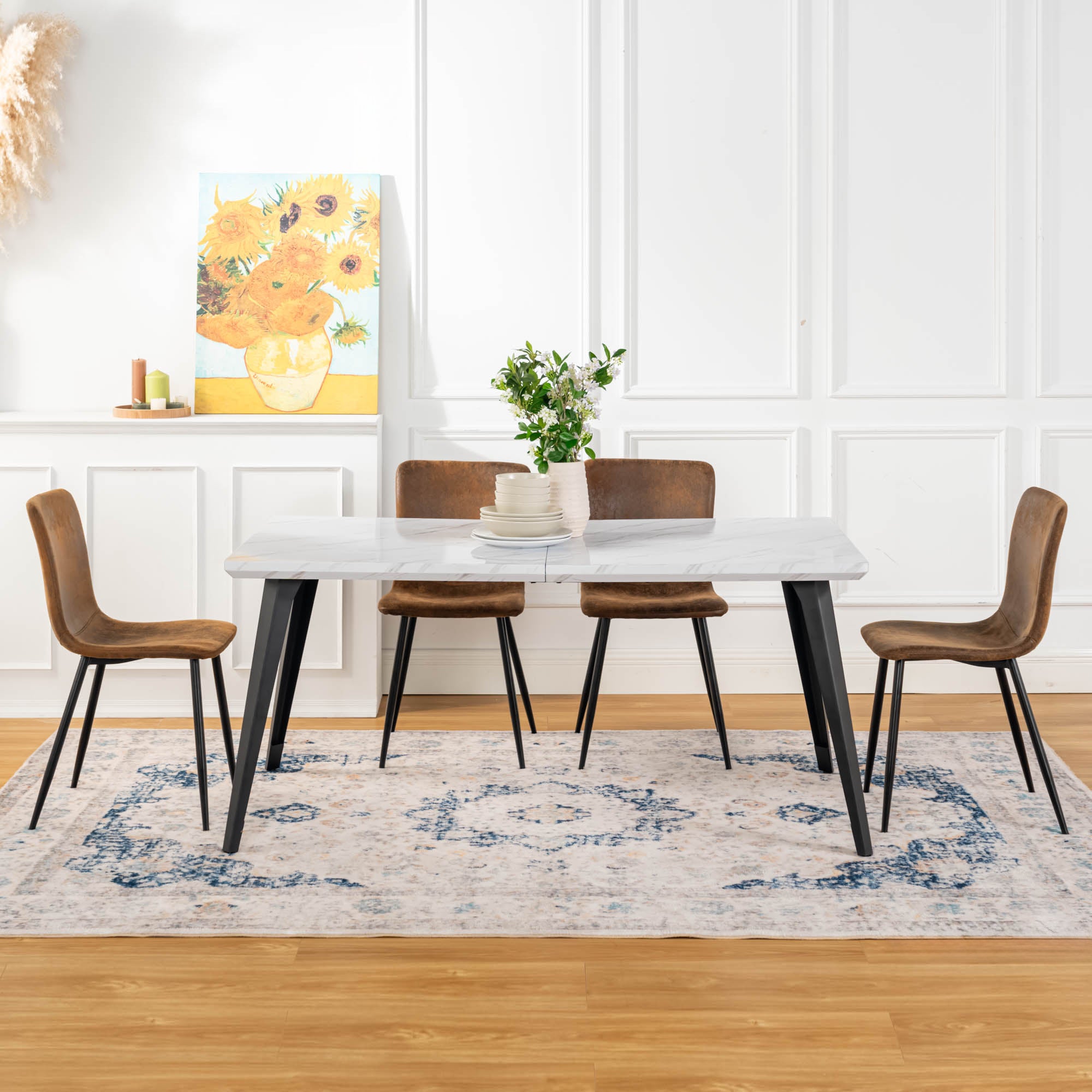 Homy Casa Stan 5PC Dining Set 63” Marble White Table with 4 Scargill Vintage Brown Upholstered Fabric Dining Chairs Open Box