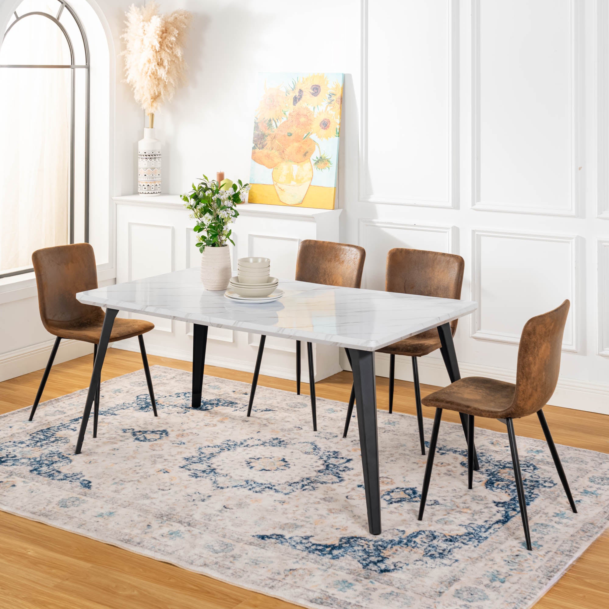 Homy Casa Stan 5PC Dining Set 63” Marble White Table with 4 Scargill Vintage Brown Upholstered Fabric Dining Chairs Open Box