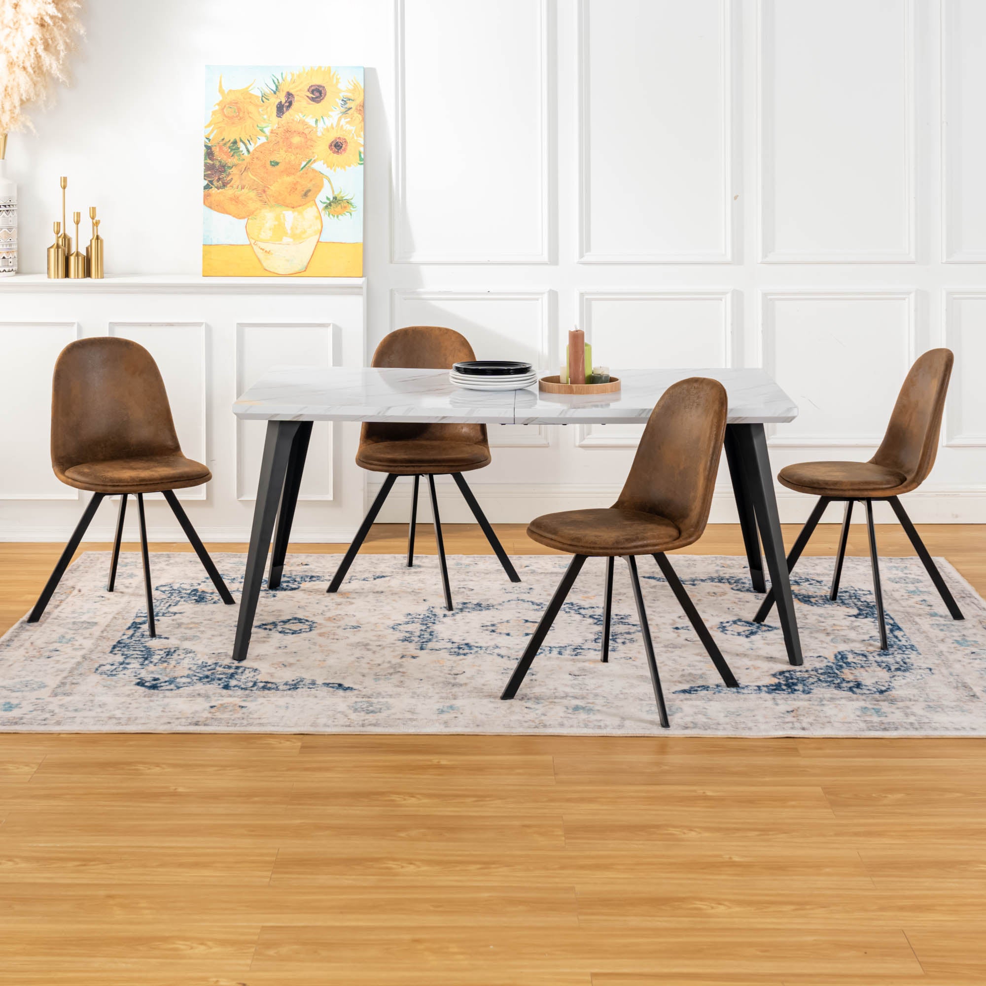Stan 5PC Dining Set 63” Table in White Marble Top Finish with 4 Sunflower Upholstered Chairs, Suede Brown